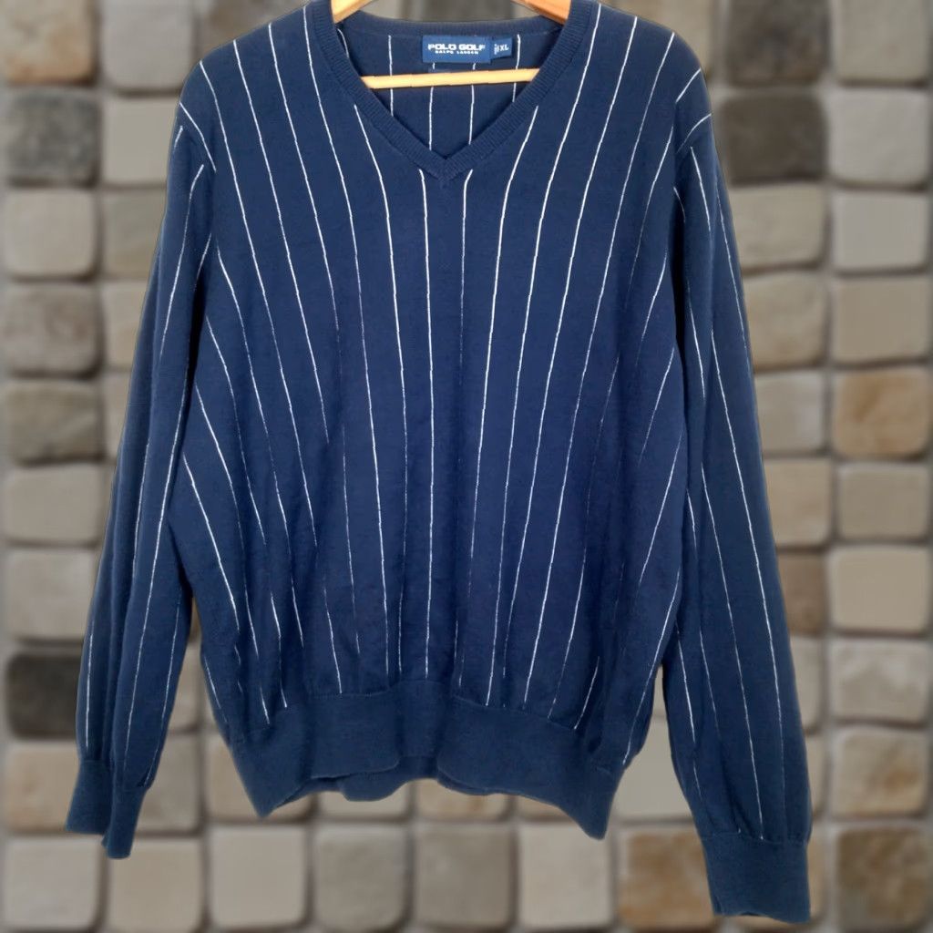 VINTAGE Ralph Lauren Polo Golf Sweater XL Men Blue White Pinstripe