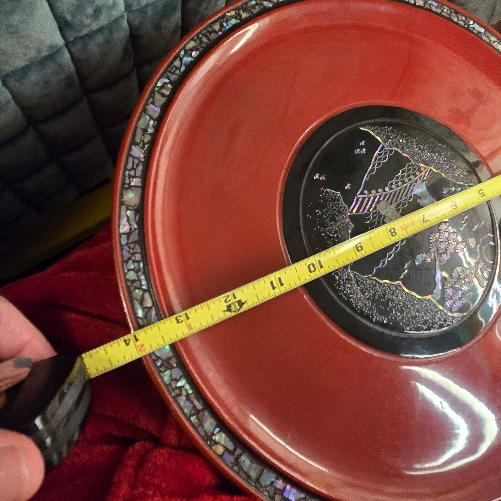 Vintage Antique Japanese Ryukyuan Lacquerware Plate Mother of Pearl Size 26 - 5 Thumbnail