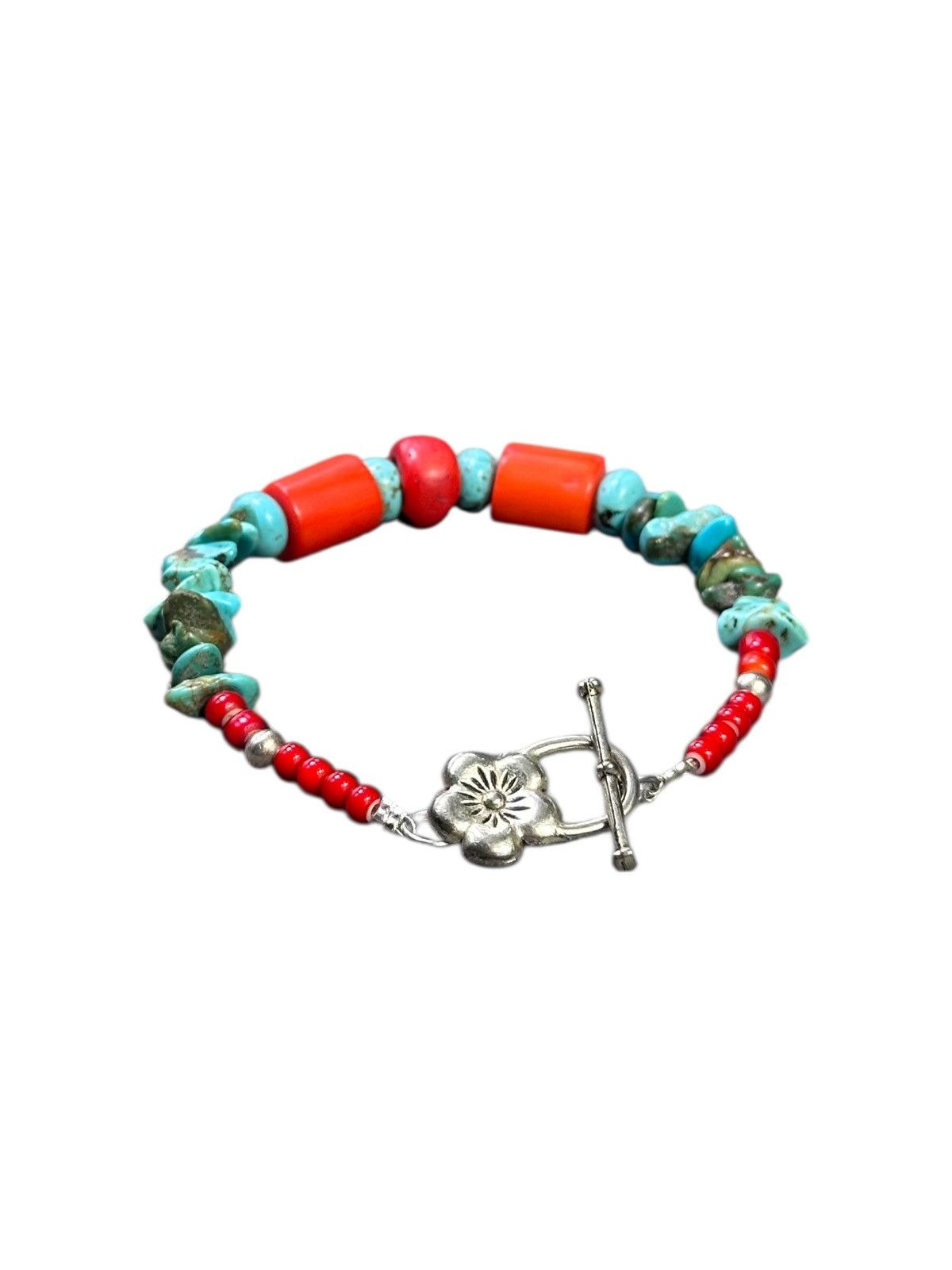 Vintage CORAL AND TURQUOISE WITH SILVER BEADS AND SAKURA BRACELET Size ONE SIZE - 5 Thumbnail