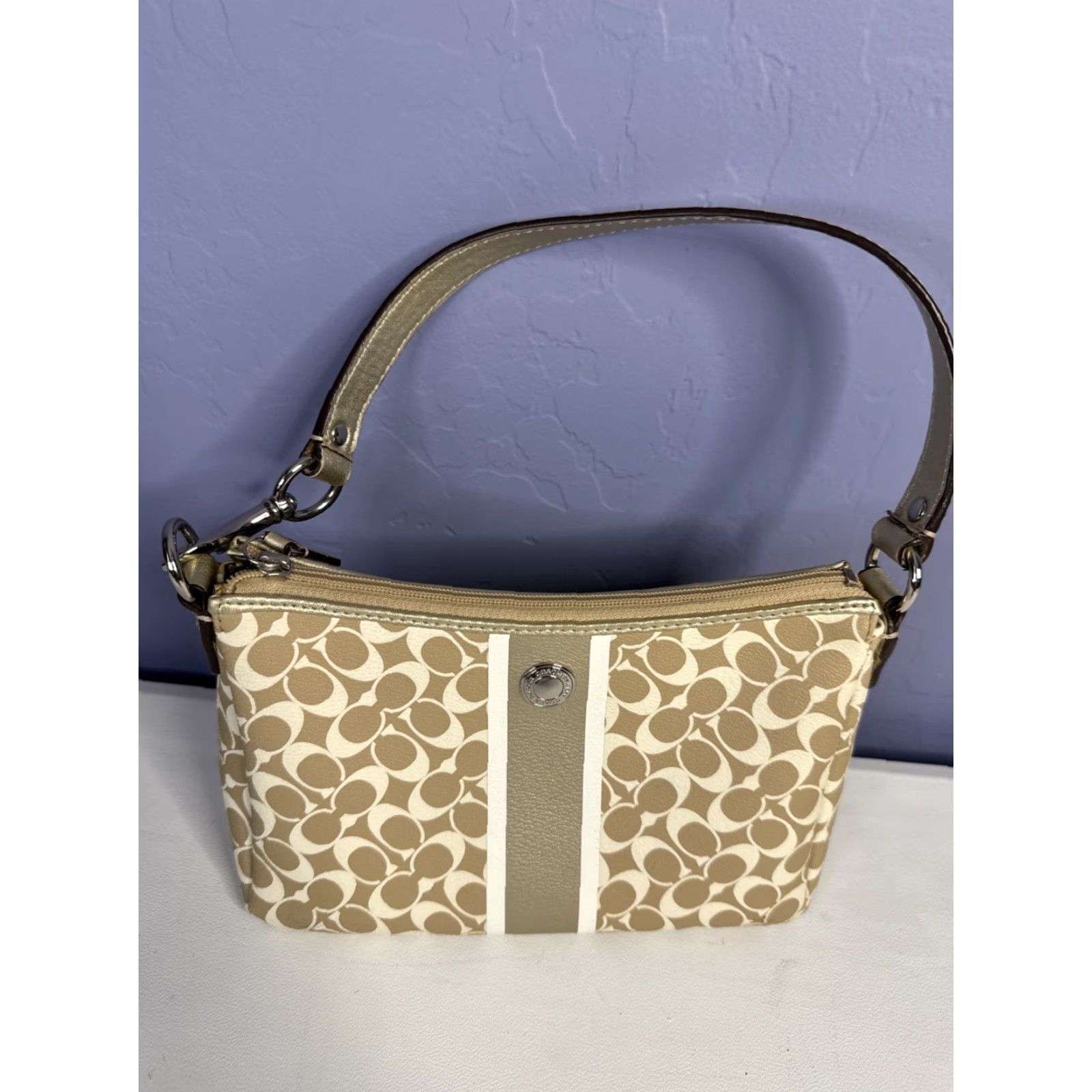 Coach VINTAGE Coach Heritage Stripe Chelsea Khaki/Gold Signature Canvas Mini Shoulder Bag Women Size ONE SIZE - 2 Thumbnail