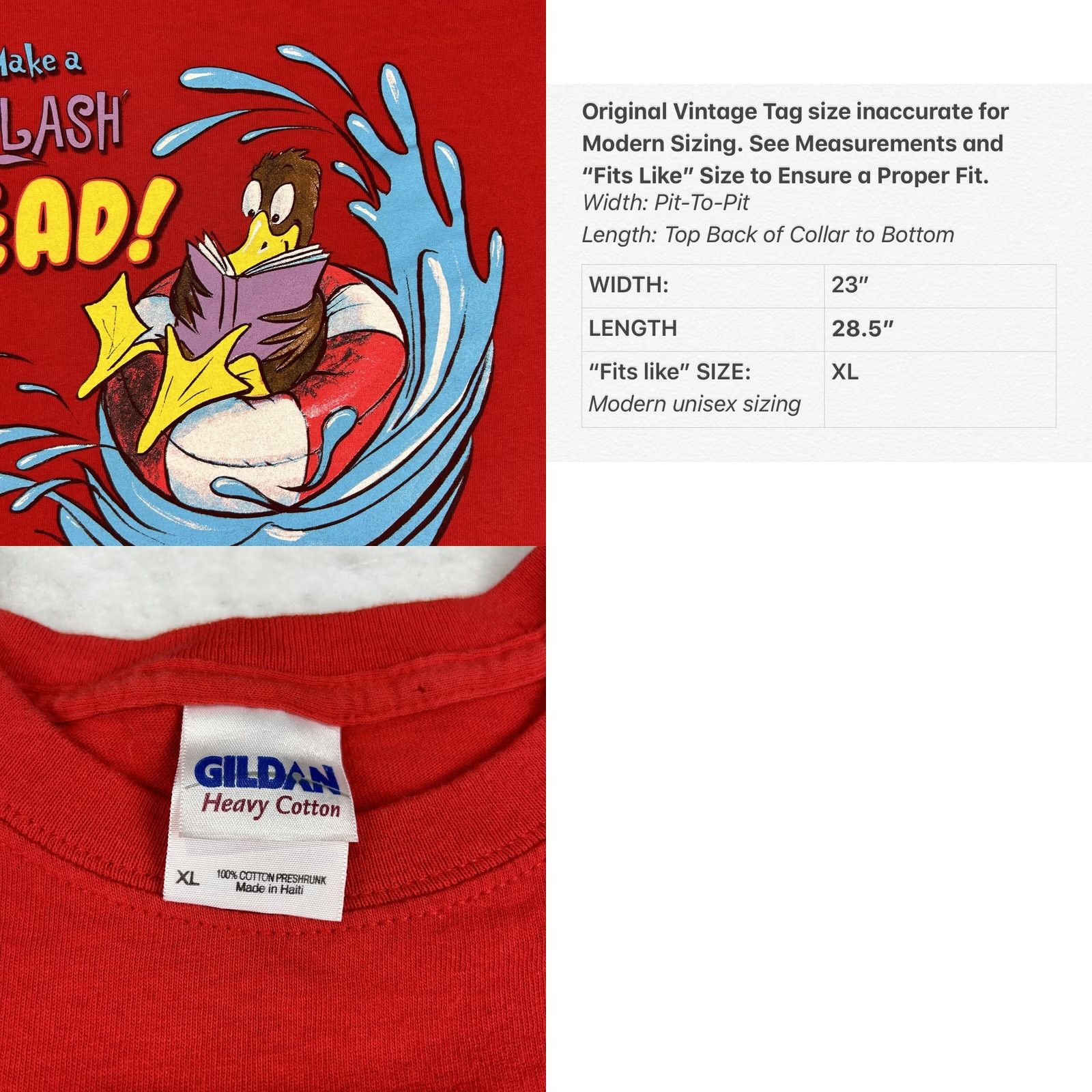 Gildan VINTAGE MAKE A SPLASH READ CARTOON T-Shirt XL red Men Short Sleeve Cotton 80s 90s NYC Public Library Nike Size US XL / EU 56 / 4 - 8 Thumbnail