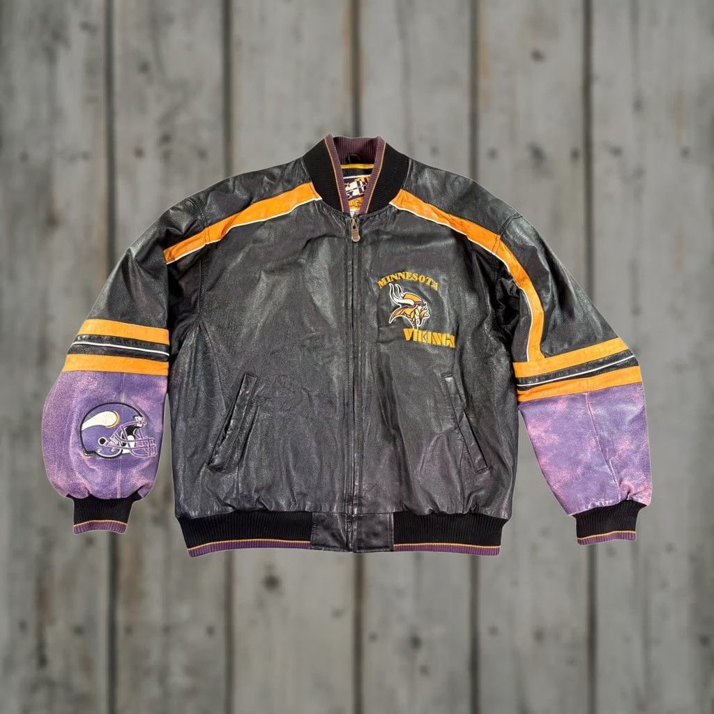 G-III VINTAGE Minnesota Vikings Leather Jacket Mens XL Black Purple NFL Varsity Bomber Size US XL / EU 56 / 4 - 1 Thumbnail
