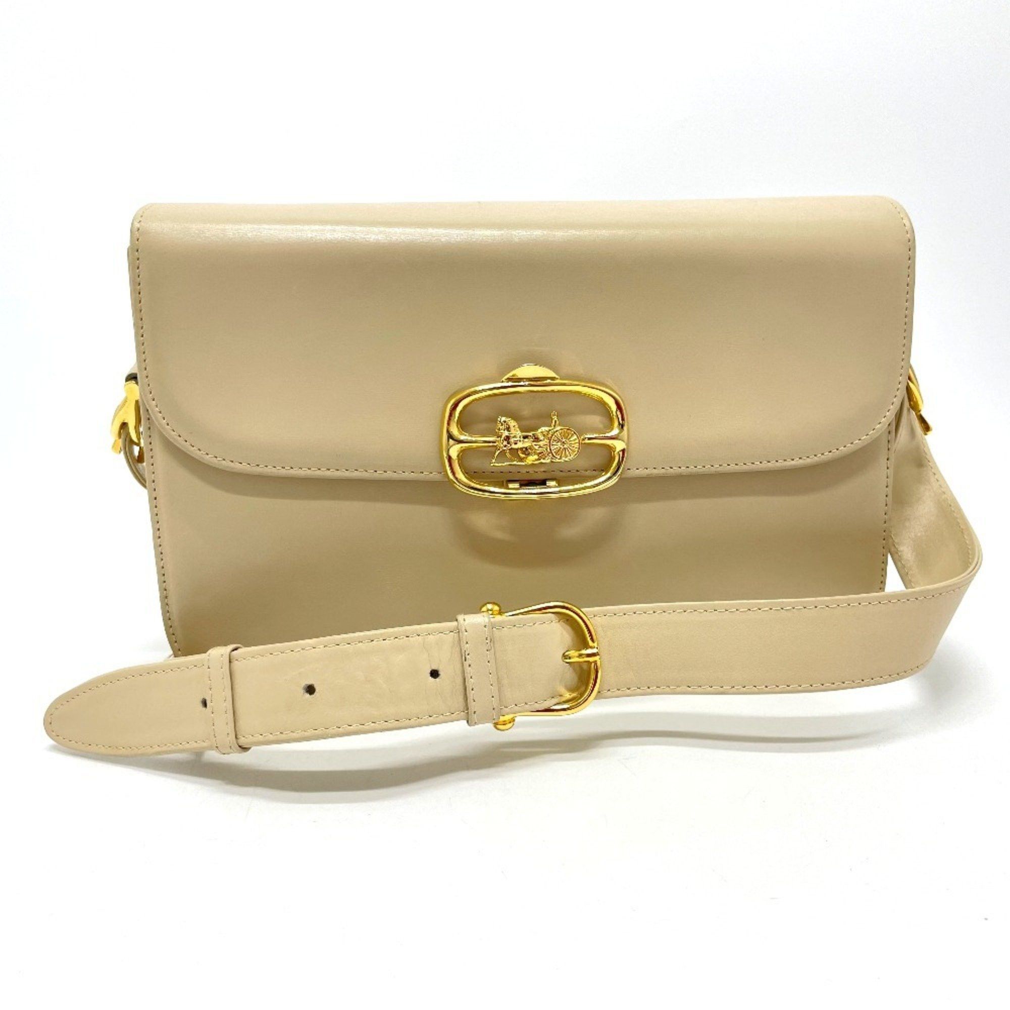 CELINE Vintage Carriage Hardware Shoulder Bag in Beige Leather with Gold