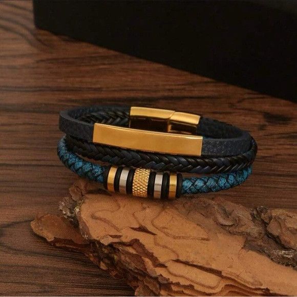 Other Men Stainless Steel Three-Layer Braided Leather Bracelet Size ONE SIZE - 6 Thumbnail