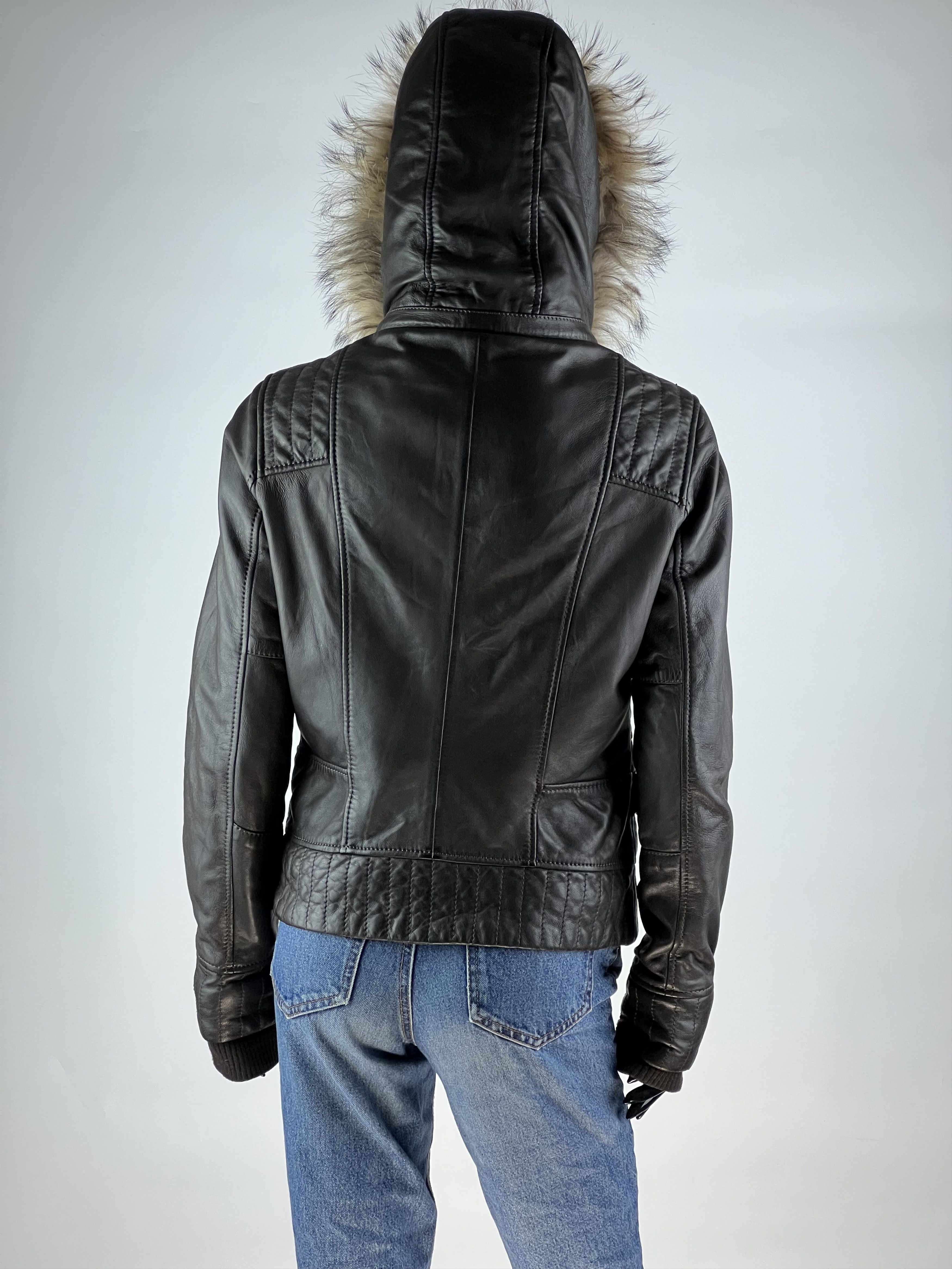 Designer Oakwood Women's Brown Hooded Leather Jacket Trim Fur Size S / US 4 / IT 40 - 4 Thumbnail