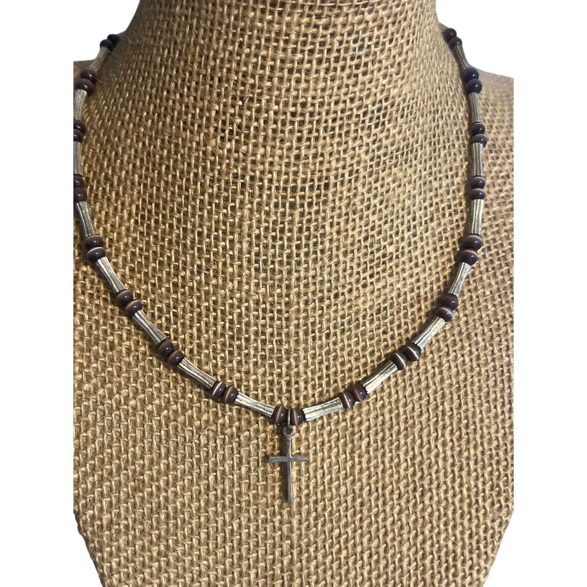 Other Vintage Silver Tone Bead Necklace Cross Pendant Purple Gray Size ONE SIZE - 1 Thumbnail