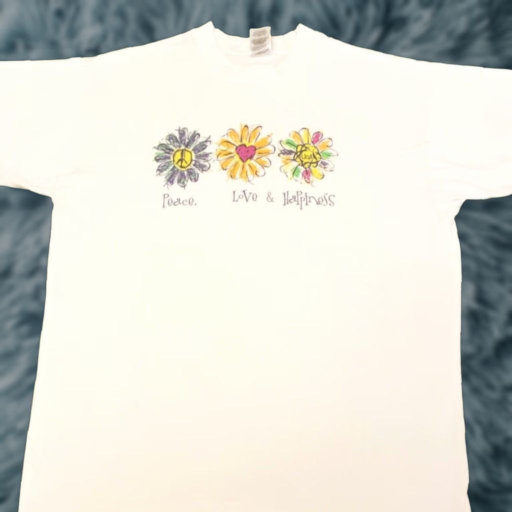 Vintage VINTAGE 90s Peace Love Happiness Flowers VTG Shirt Mens XL USA Single Stitch Shirt Mens XL White 90s Hippie Love Flower Womens/Mens? Size US XL / EU 56 / 4 - 1 Thumbnail