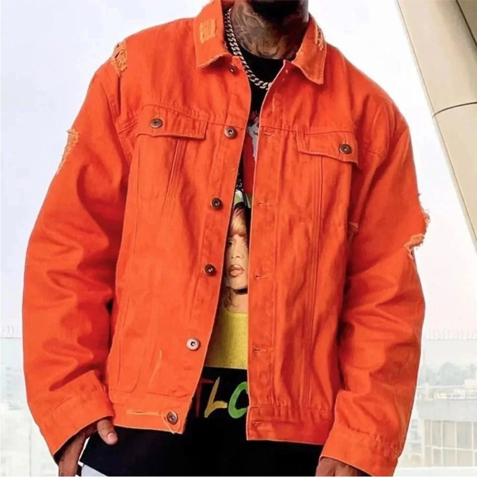 Fashion Nova Novamen Men's Orange Denim Jacket Size US M / EU 48-50 / 2 - 6 Thumbnail