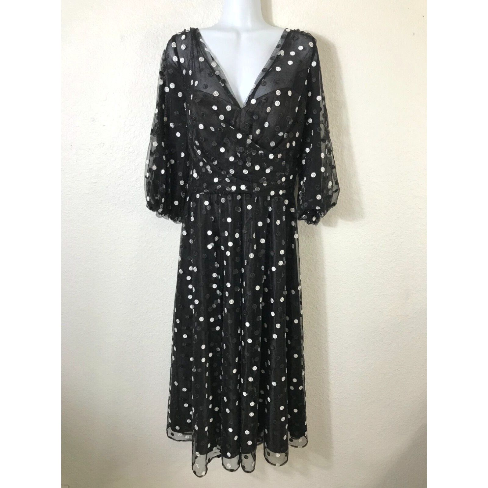 image of Vintage Carmen Marc Valvo Infusion Dress Womens 16 Black Embroidered Polka Dot 3/4 Sleev in White (