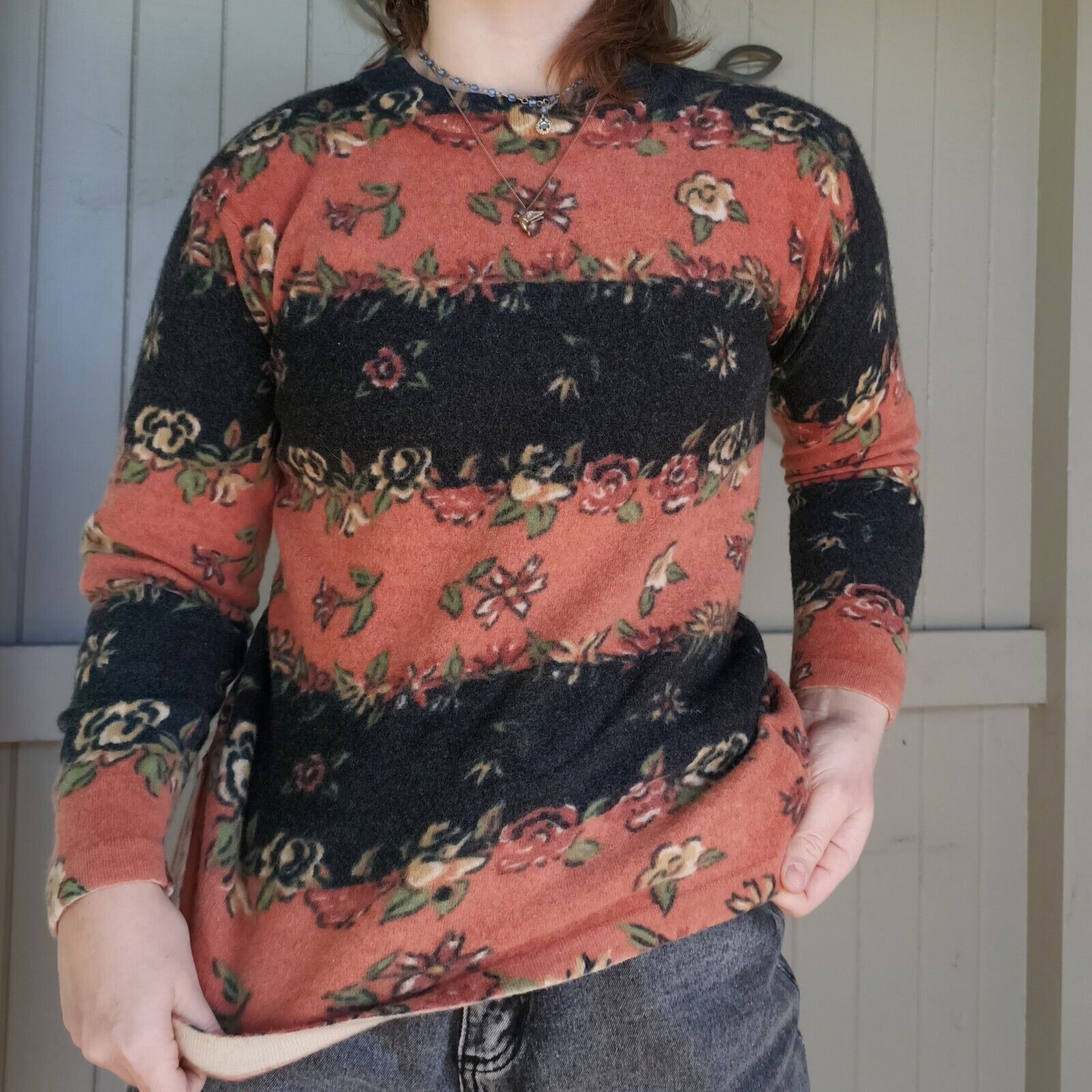 Other Vintage 80s 90s Sweater Orange Floral Striped Lambswool Size M / US 6-8 / IT 42-44 - 3 Thumbnail