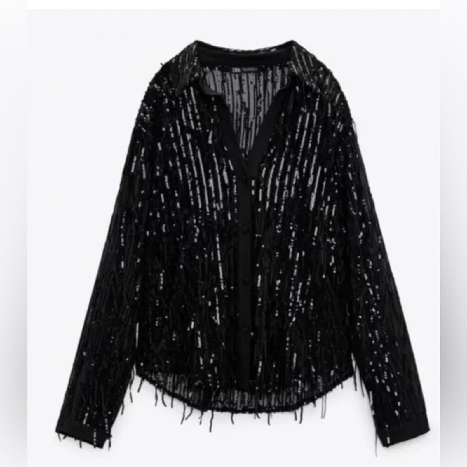 Zara NWT- Zara Woman Black Shirt Top With Sequined Fringing SZ M Size M / US 6-8 / IT 42-44 - 1 Thumbnail