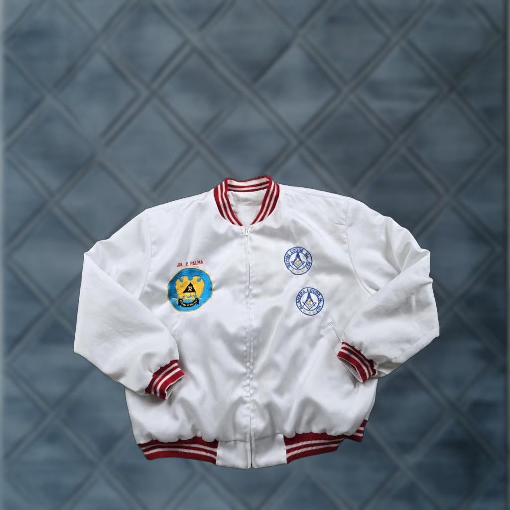 Vintage VINTAGE Freemason Bomber Jacket Mens White Full Zip 80s Shriners Aahmes L Large Size US L / EU 52-54 / 3 - 1 Thumbnail