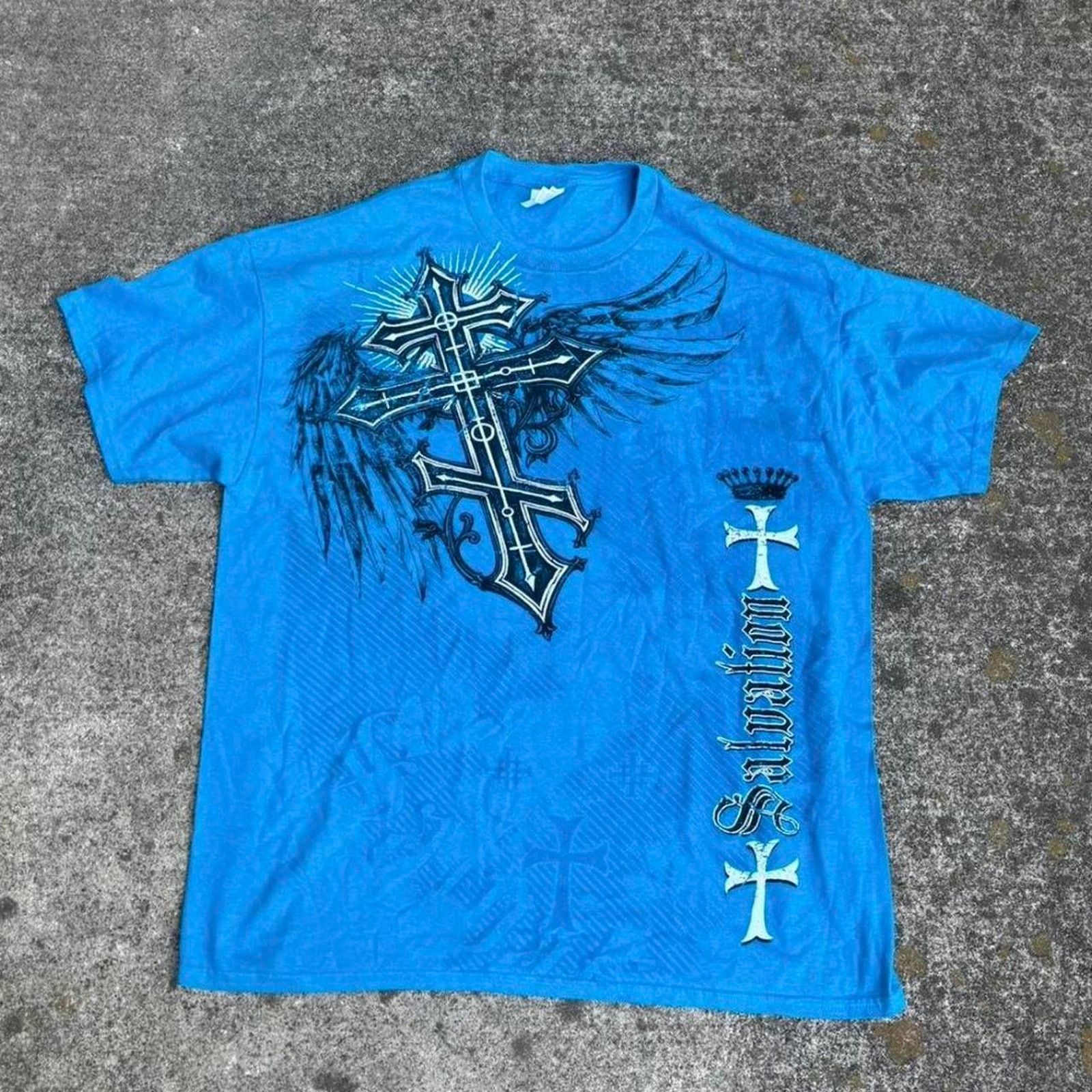 Gildan Cool Vintage y2k Crucifixion Blue Shirt Size US XL / EU 56 / 4 - 1 Thumbnail