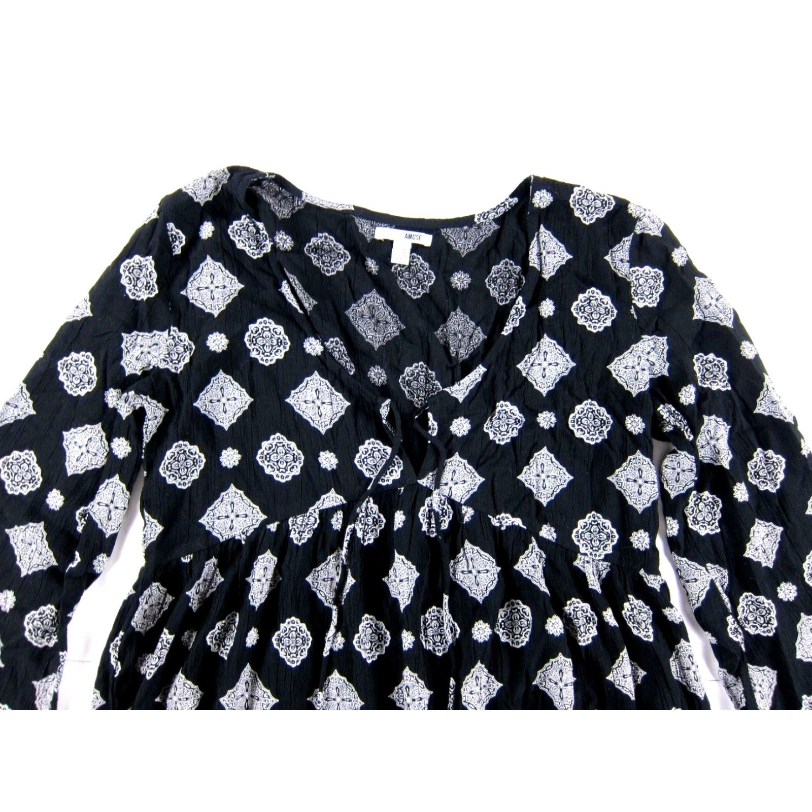 Vintage Society Amuse Black White Paisley 100% Rayon Long Sleeve V-Neck Dress Small Size S / US 4 / IT 40 - 4 Thumbnail