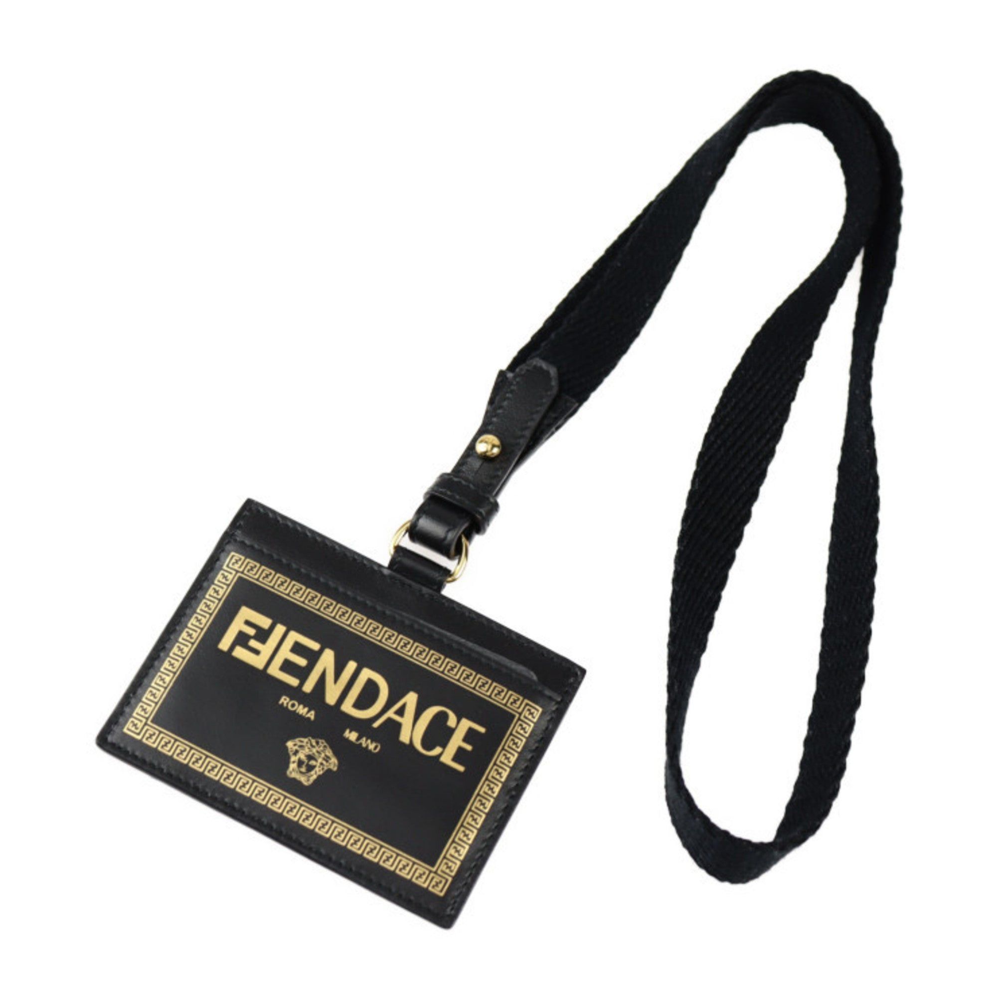 image of Fendi Fendace Card Case 7M0331 Calf Leather Black Gold Versace Versace Collaboration Neck Strap, Wo
