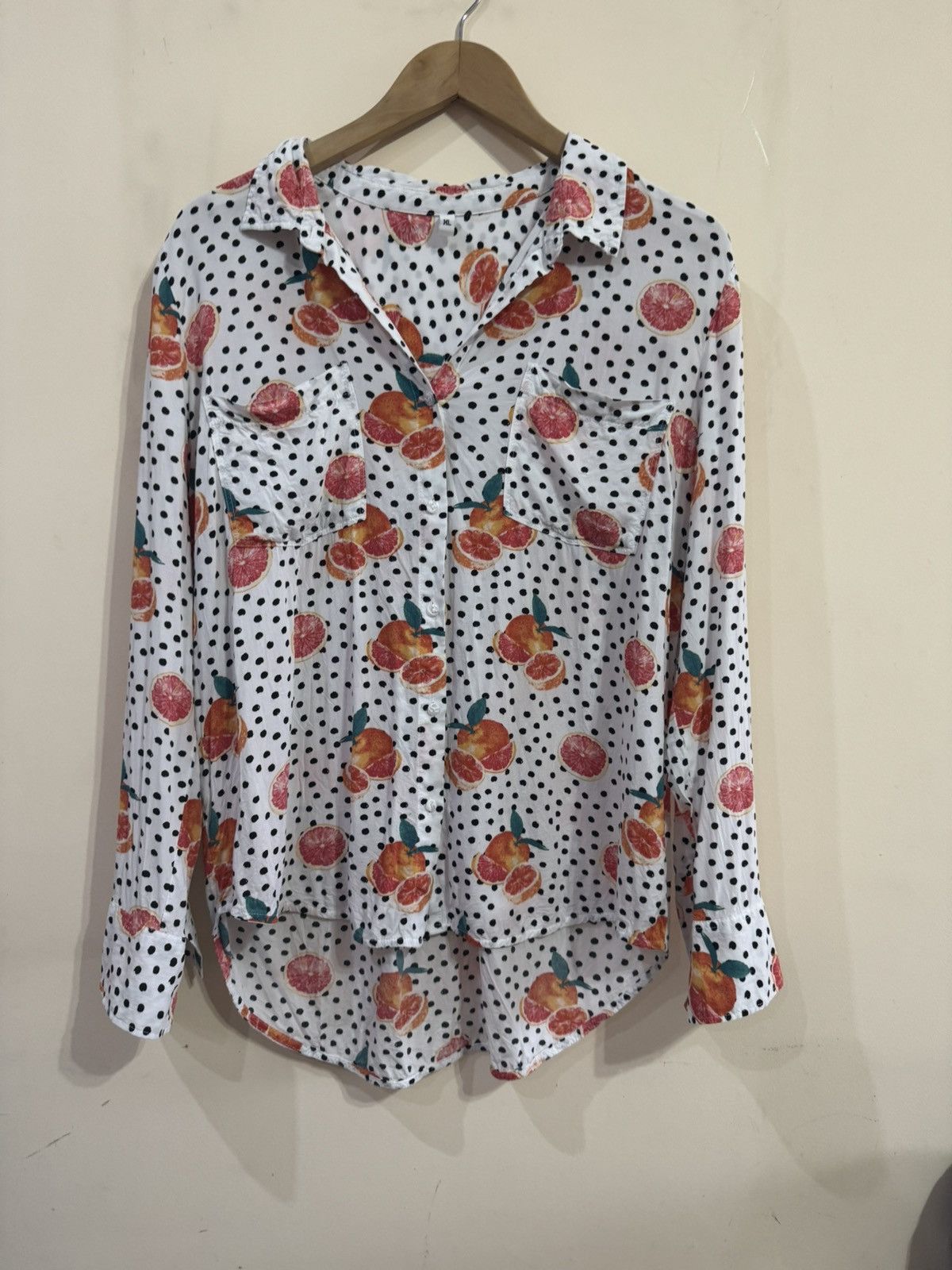 Vintage viscose blouse/shirt with polka dot & citrus print XL Size XL / US 12-14 / IT 48-50 - 5 Thumbnail