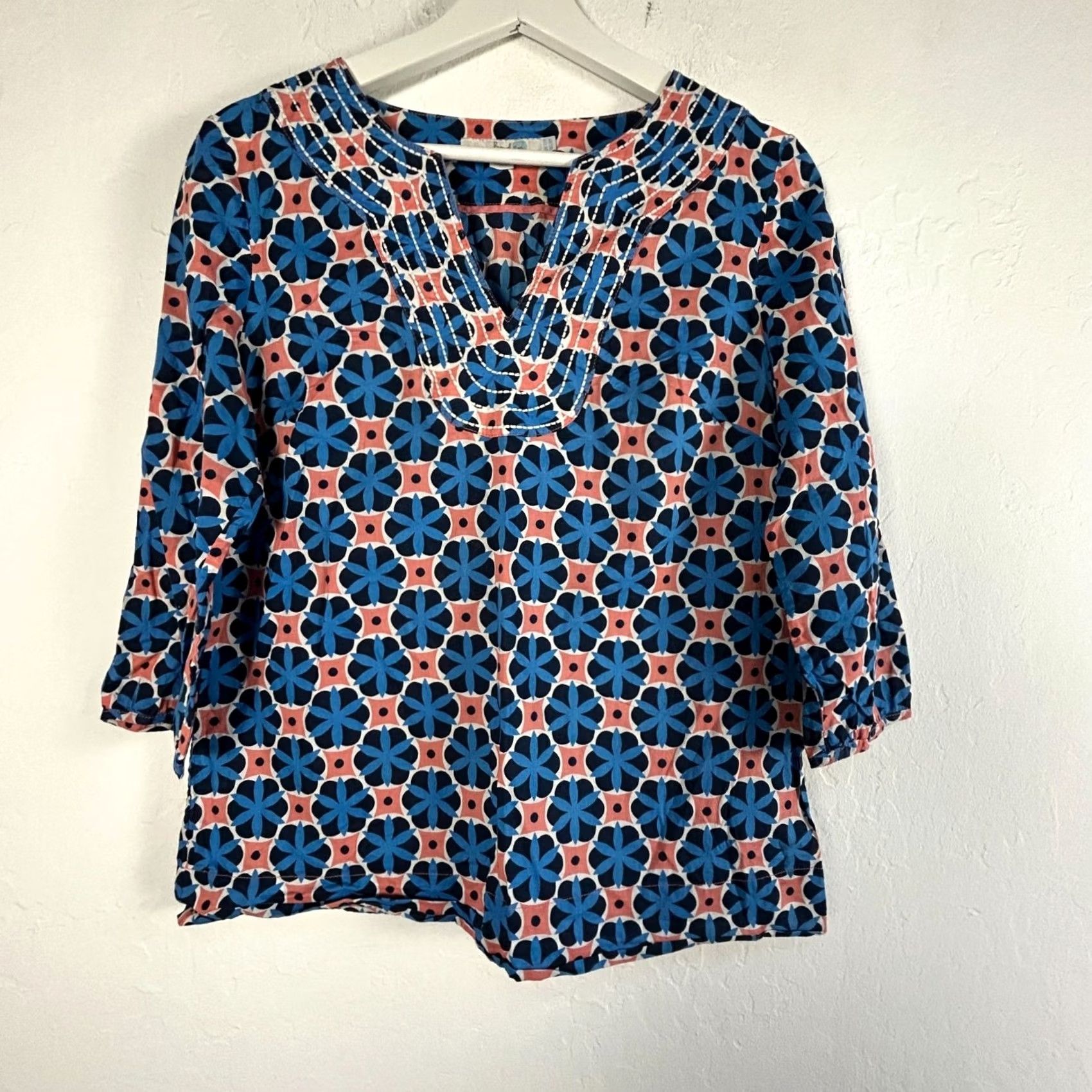 Boden Boden Womens Blue Orange Floral Medallion Geometric Split Neck 3/4 Sleeve Top 8R Size M / US 6-8 / IT 42-44 - 2 Thumbnail