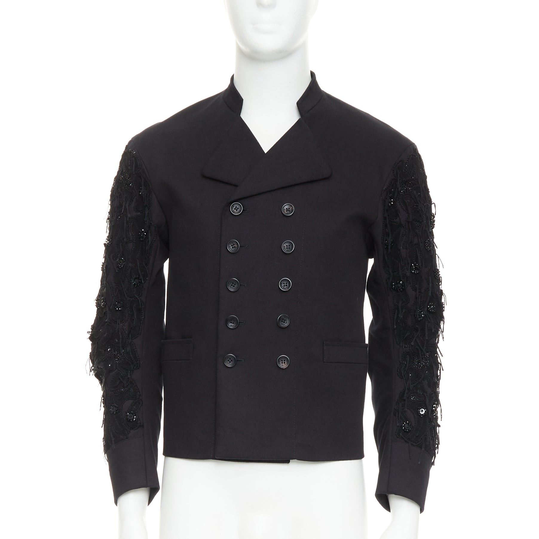 JOHN GALLIANO black fringe embellished sleeve cotton double breasted jacket FR46 S