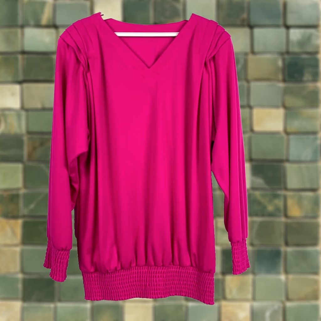 Pinko Vintage Pink Blouse Dark Knit Elastic Waist 80s Long Sleeve V-Neck Womens L Shirt Size L / US 10 / IT 46 - 1 Thumbnail
