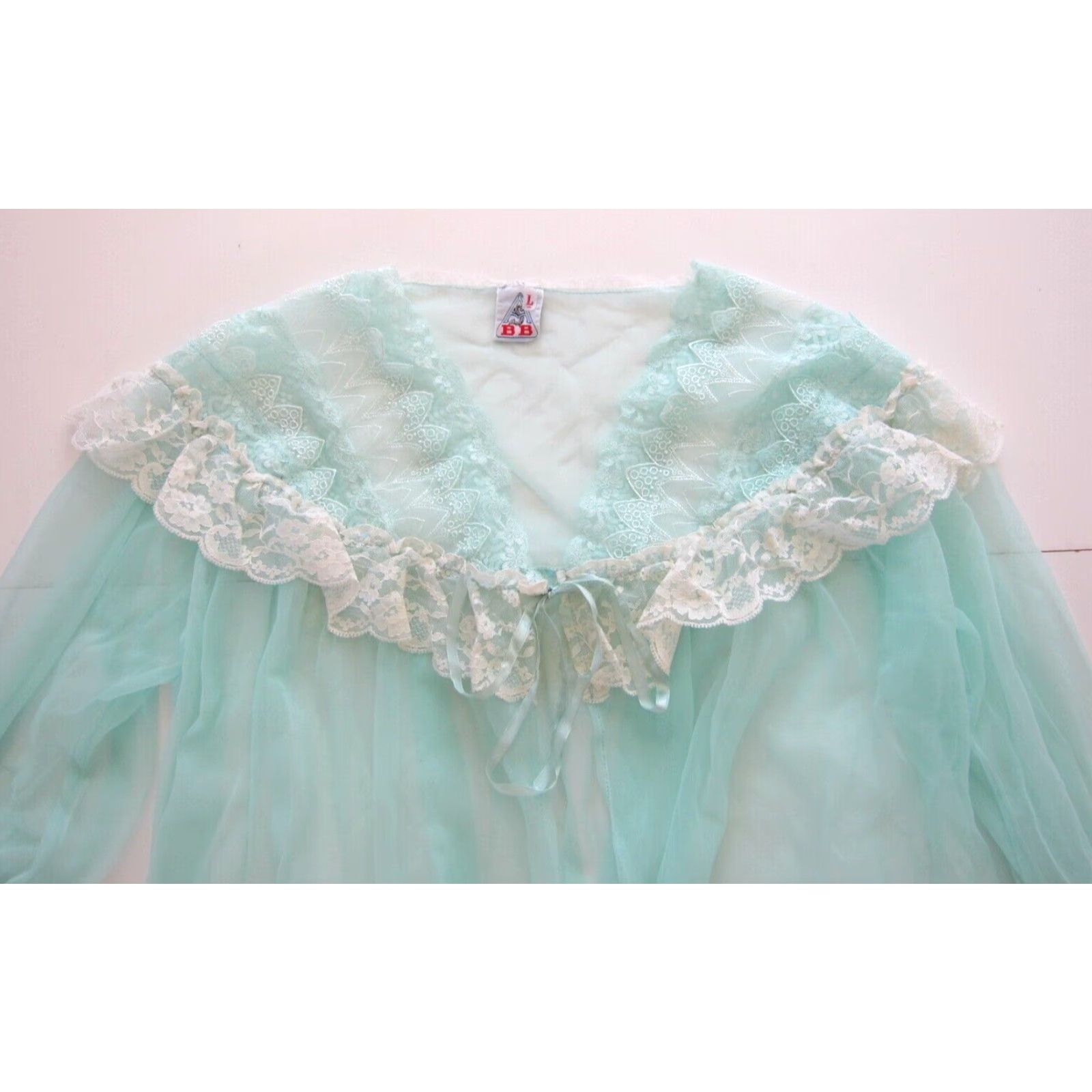 Vintage Vintage BB Teal Blue Ivory Lace Victorian Romantic Lingerie Long Robe Large BB Womens Robe XL Blue Lace Holiday Vintage Size ONE SIZE - 3 Thumbnail