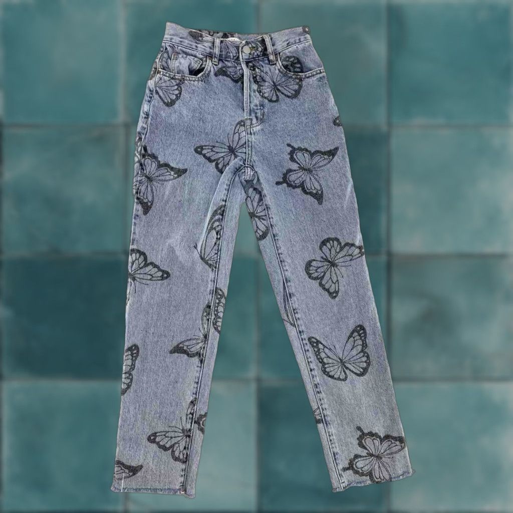 Pacsun PACSUN High Rise Straight Jeans Womens 23 Blue Fray Button Fly Butterfly Print Bohemian Hipster Bat Print 5-Pocket Denim Stone Wash Cool Casual Size 40" / US 18 - 1 Thumbnail