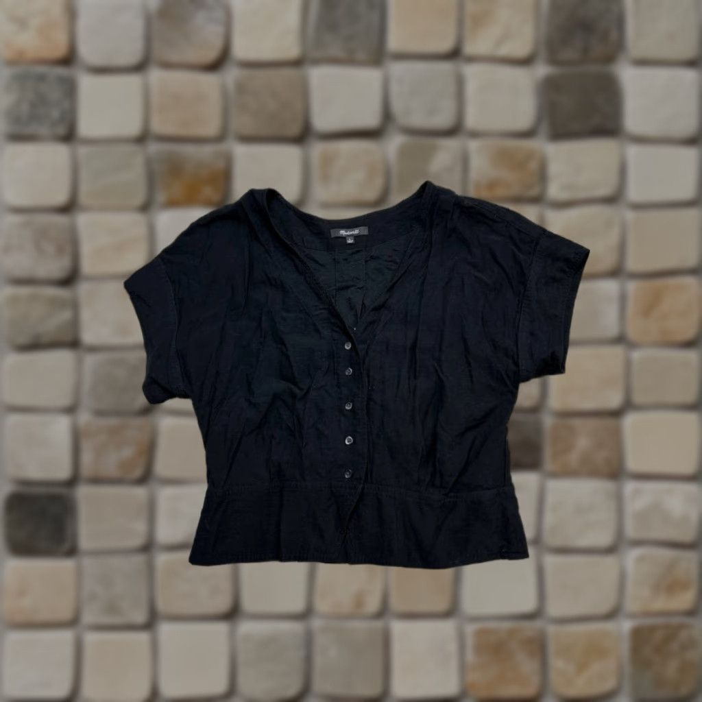 Madewell Madewell Blouse Shirt Womens Large Black Pleated V-Neck Short Sleeve Regular Fit Size L / US 10 / IT 46 - 1 Thumbnail