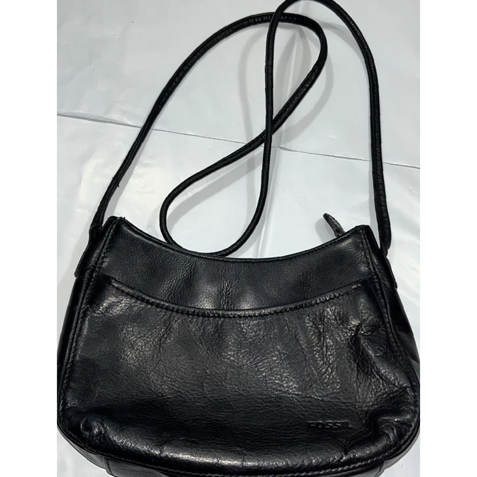 Fossil VINTAGE Fossil Crossbody Bag Ladies Small Pebbled LEATHER Evening Purse Black Zip Closure Silver Hardware Dressy Size ONE SIZE - 2 Thumbnail