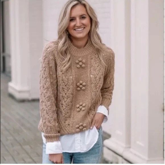 J.Crew J. CREW Brown Cable Knit Pointelle Popcorn Flowers Sweater Size S / US 4 / IT 40 - 1 Thumbnail