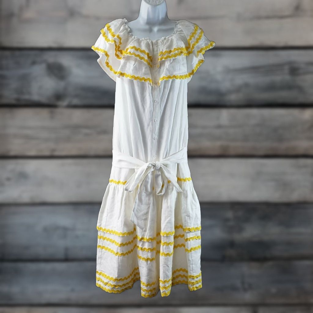 Lisa Marie Fernandez VINTAGE Lisa Marie Fernandez for Target Womens Off The Shoulder Dress XS White Yellow Dress XS White Off The Shoulder Linen Blend A-Line Midi Womens Size XS / US 0-2 / IT 36-38 - 1 Thumbnail