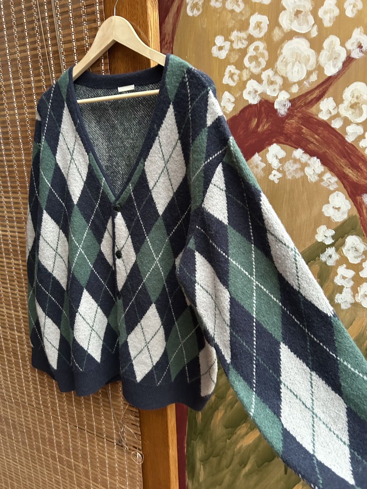 GU GU Brushed Yarn Argyle Navy/Green Cardigan XL Unisex Size US XL / EU 56 / 4 - 5 Thumbnail