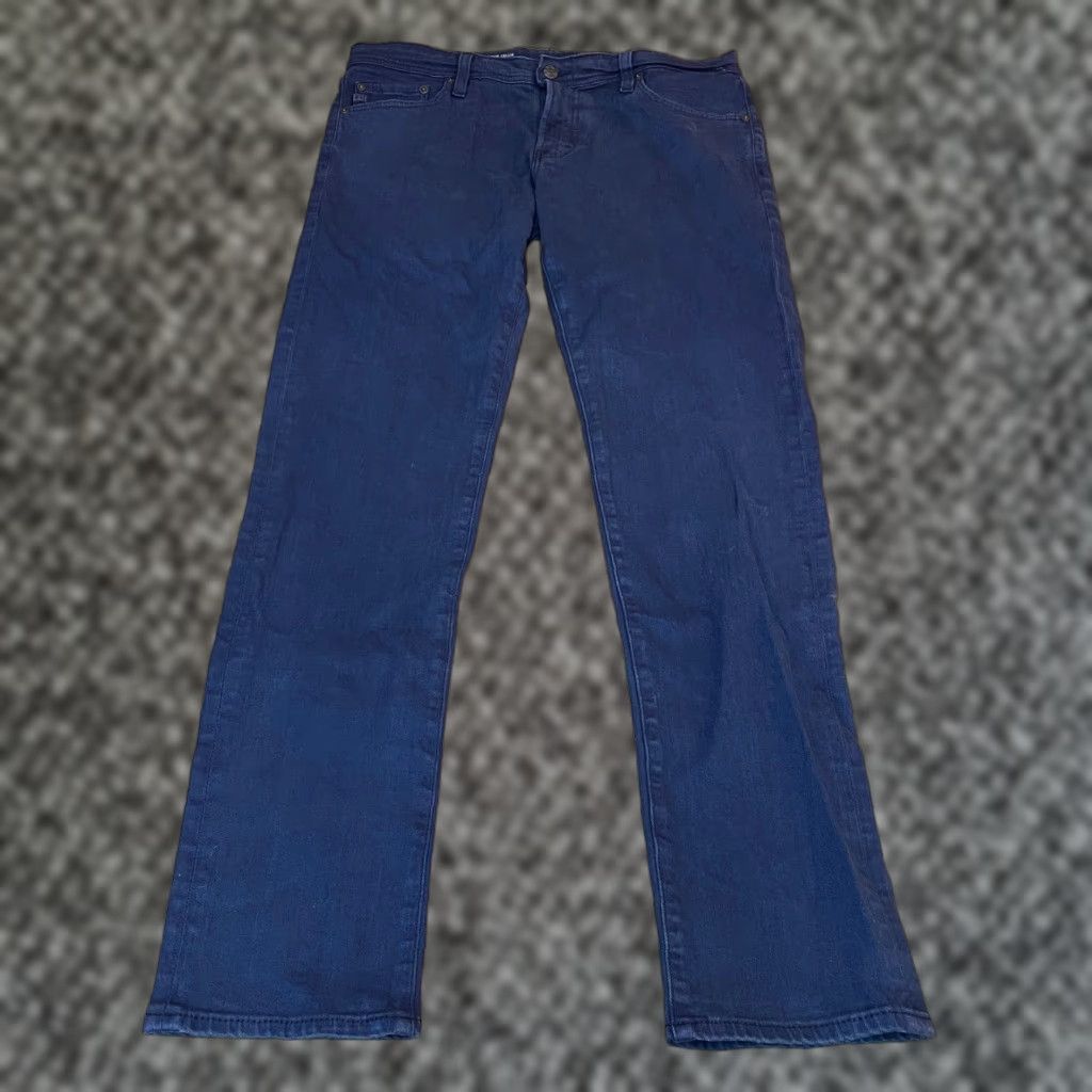 Vintage AG Adriano Goldschmied Jeans Mens 33x34 Tellis Modern Slim Blue Garment Dyed Dark Indigo Five-Pocket Logo Back Patch Stretch Jeans Mens Reg Size US 33 - 1 Thumbnail