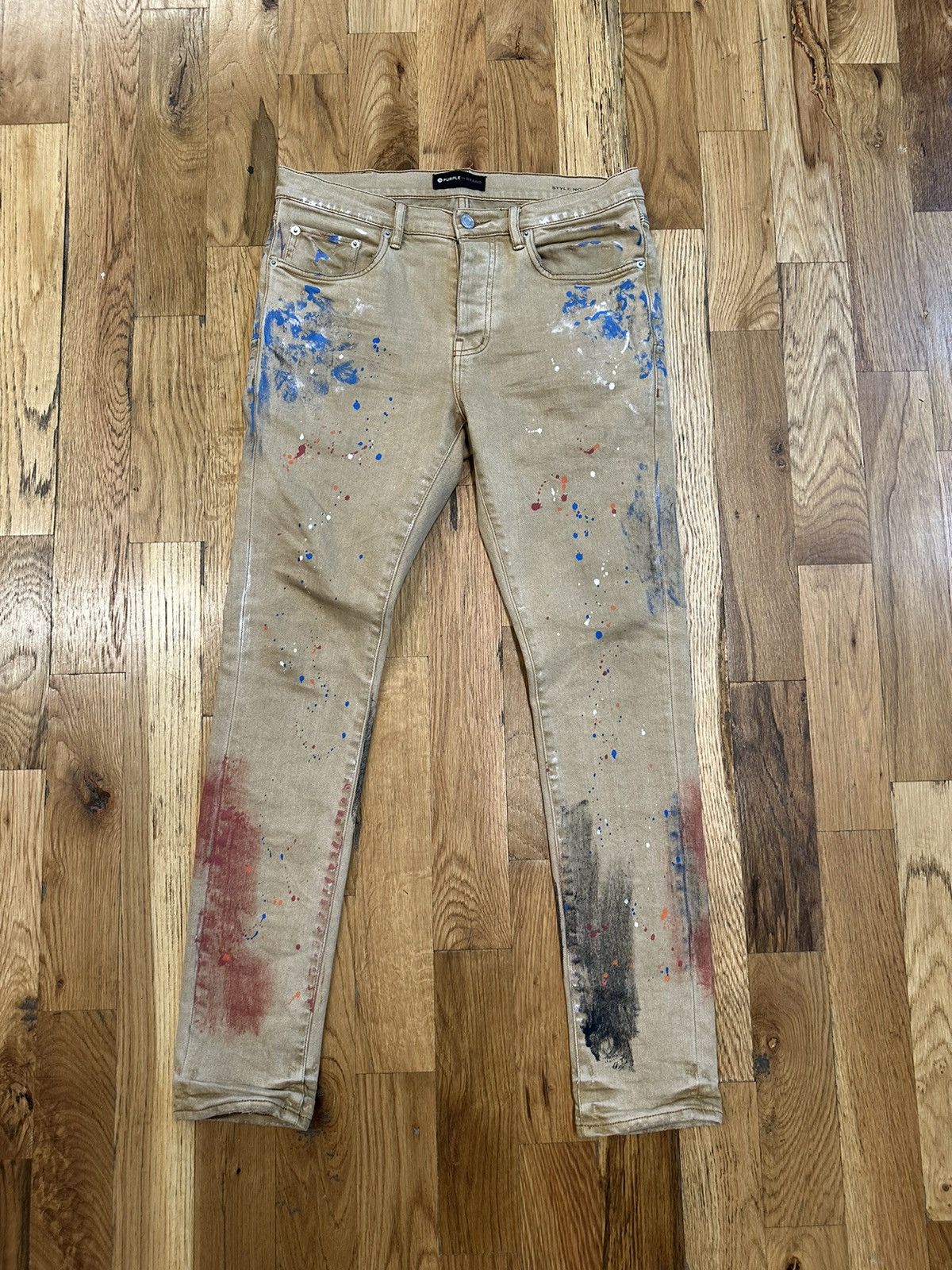 image of Purple Brand Paint Splatter Tan Denim Jeans Size 31, Men's