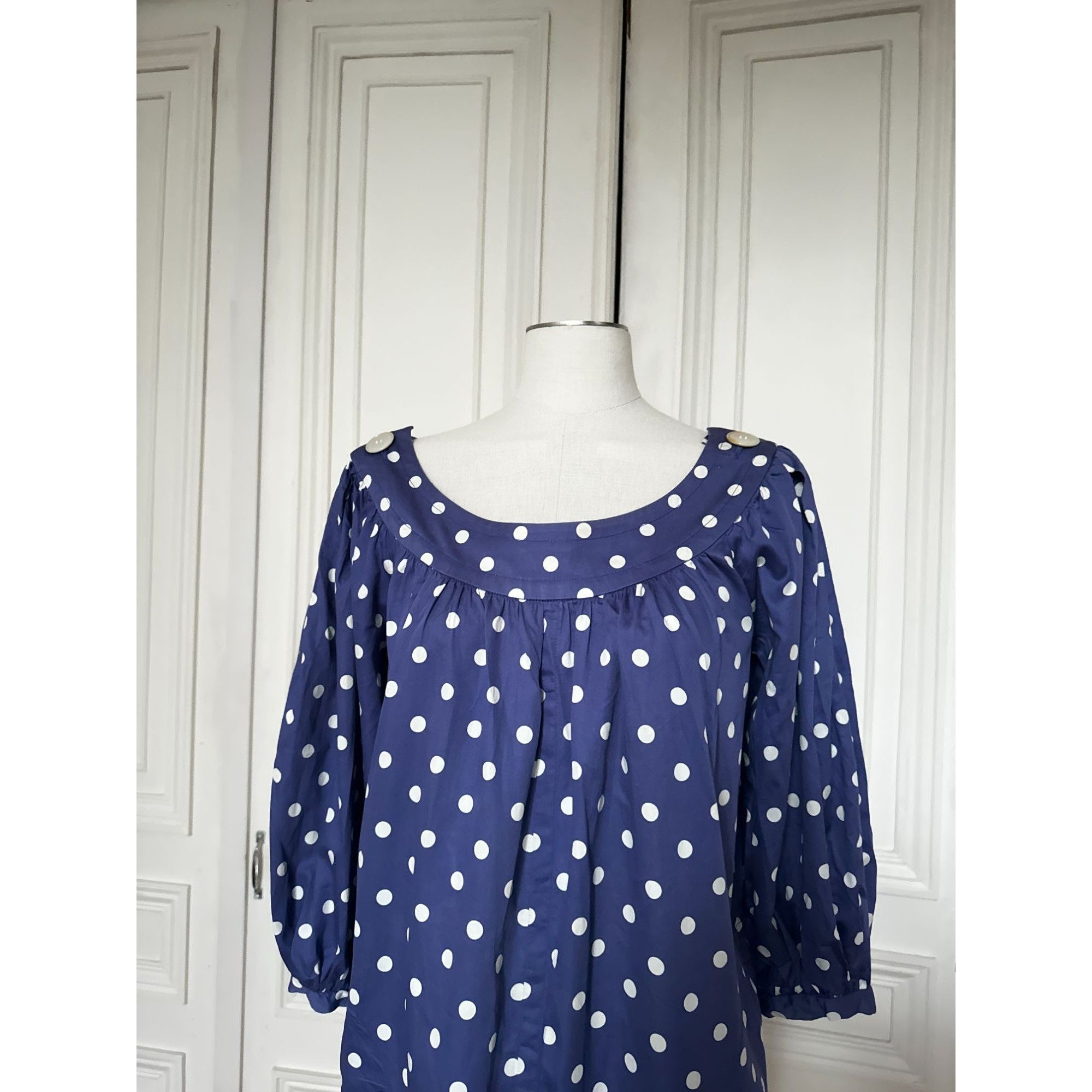 Yves Saint Laurent 1980s Navy Polka Dot Cotton Dress Size M / US 6-8 / IT 42-44 - 2 Thumbnail