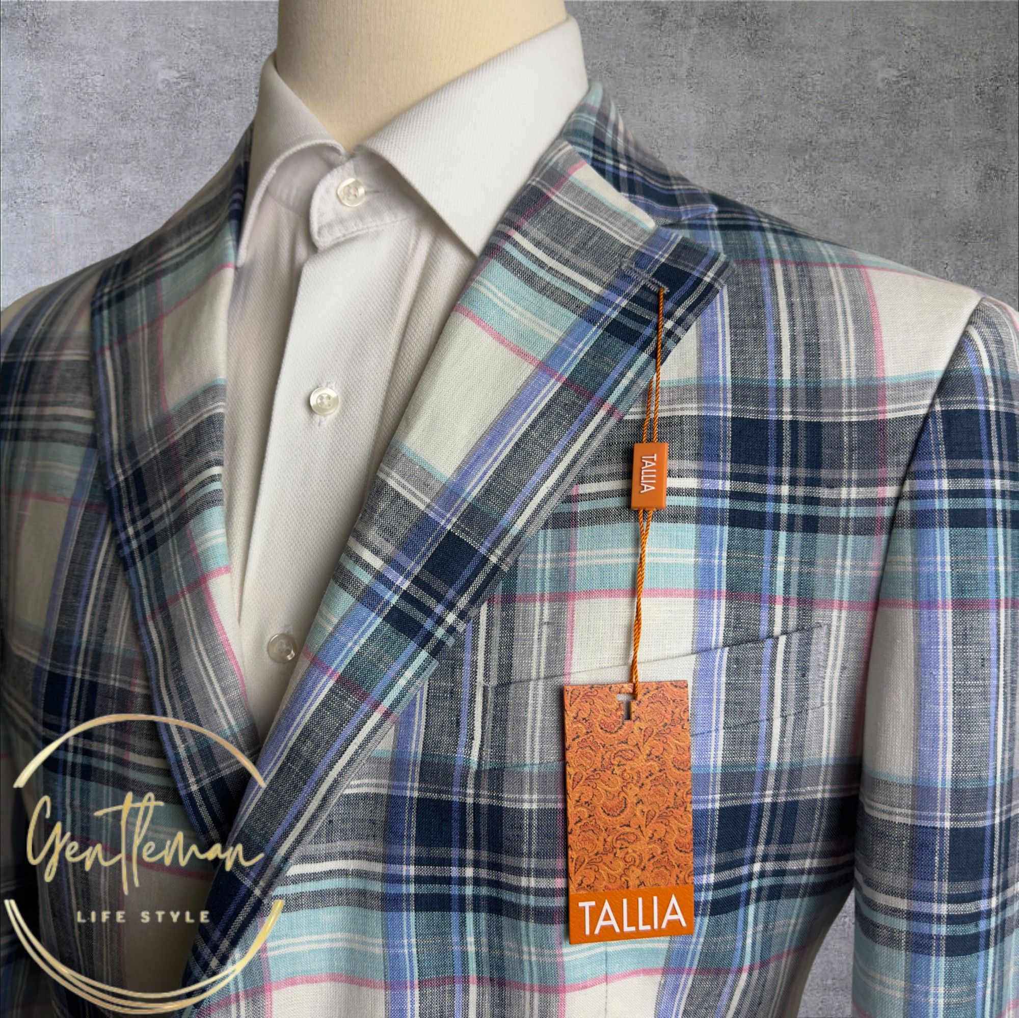 Tallia Tallia Mens Blazer Sport Coat 42R Linen Blue/White plaid Size 42R - 3 Thumbnail