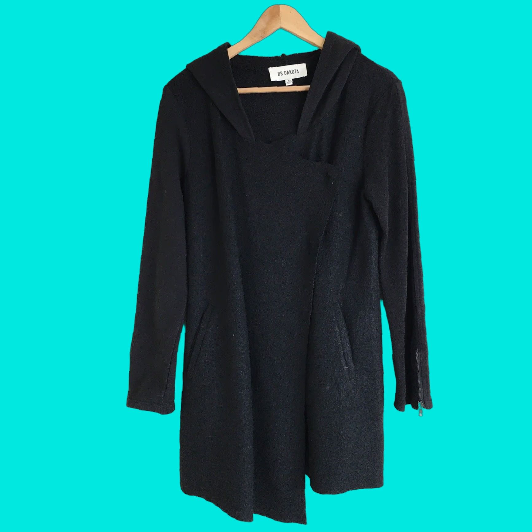 BB Dakota Knit Jacket Women's Size Medium Black Wool Blend Hooded Snap Front Casual Long Sleeves Pockets