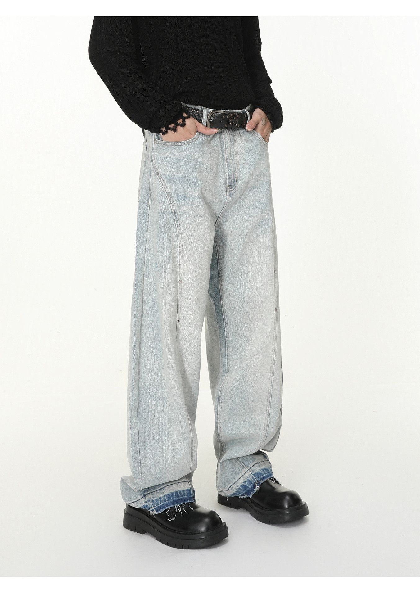 Japanese Brand Men's Japanese Retro Distressed Wide-Leg Curved Washed Jeans Size US 32 / EU 48 - 4 Thumbnail