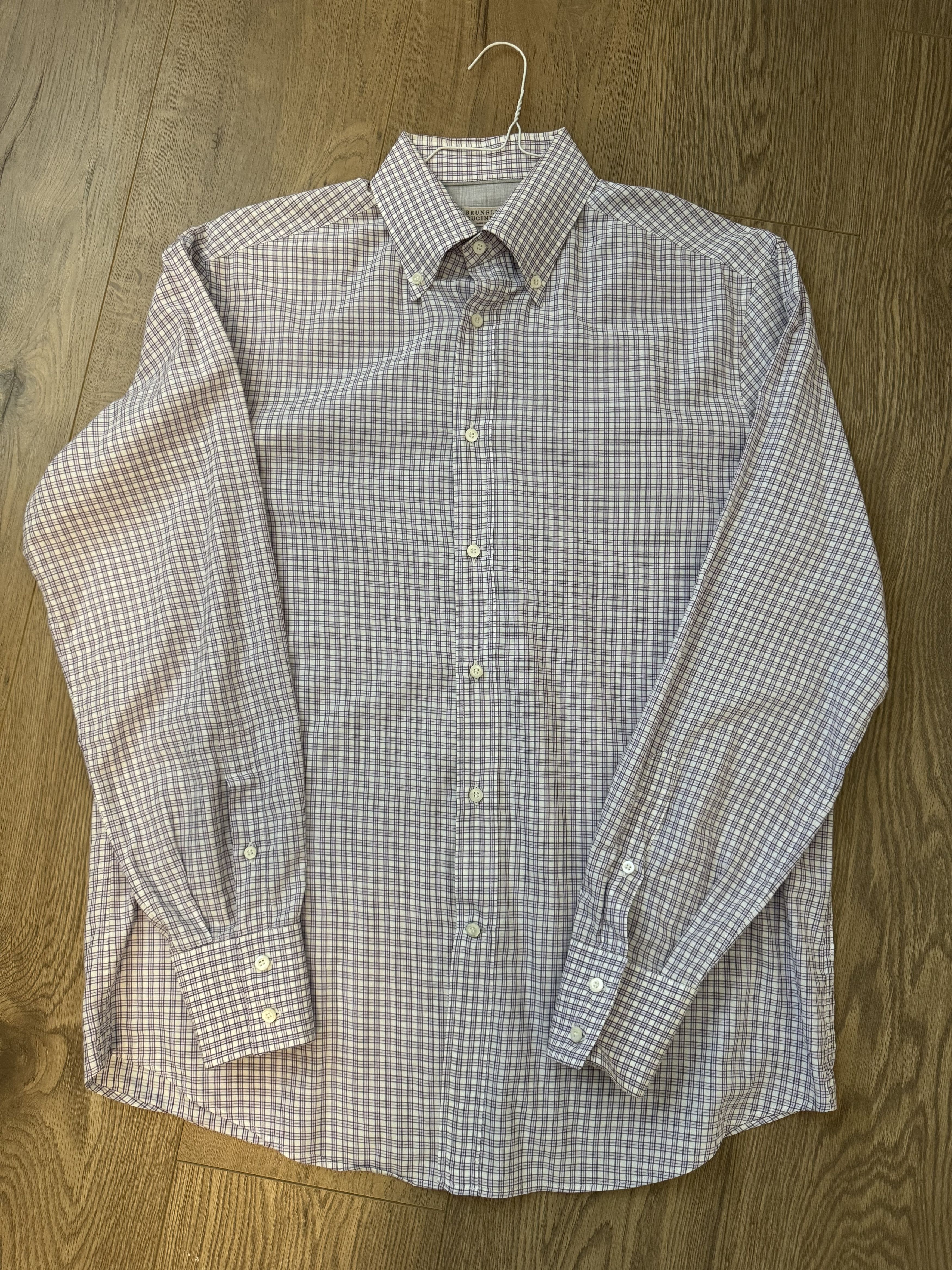 image of Brunello Cucinelli Lavender Purple Checked Button M $745 in Lavender Purple White (Size Medium)