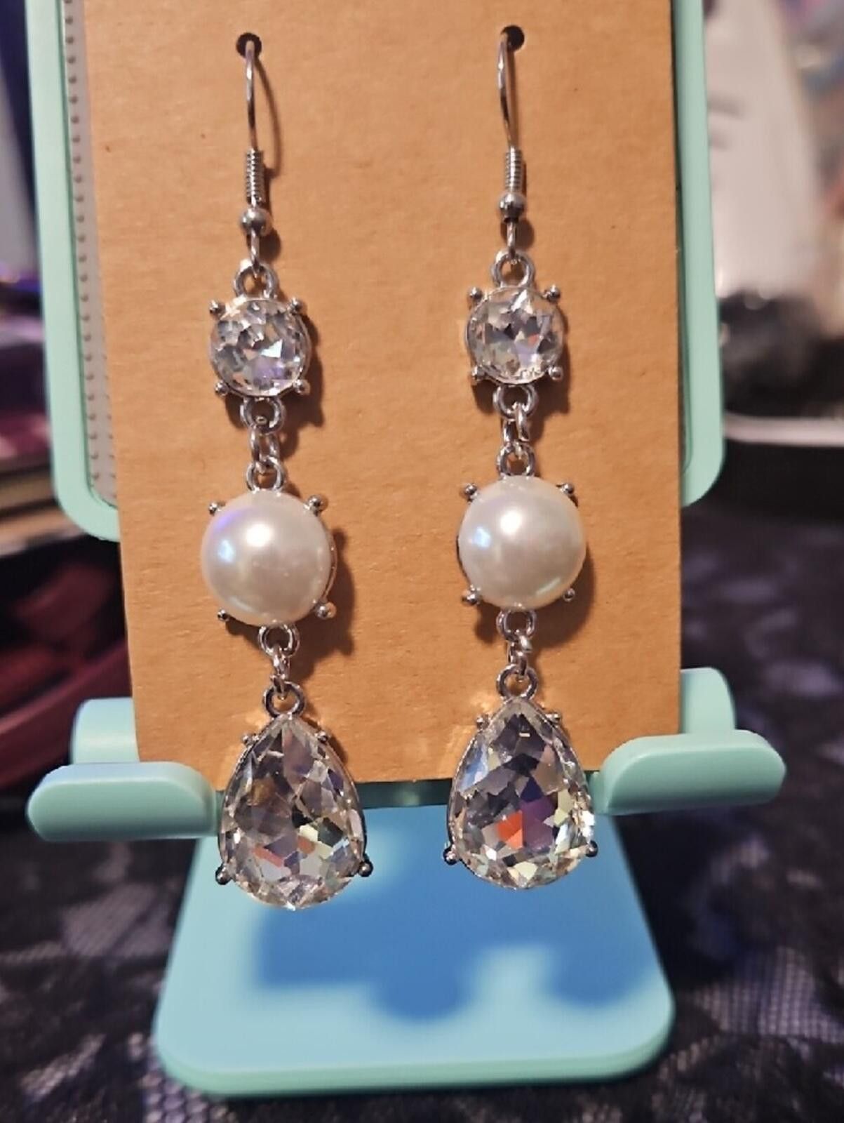 Other Silver Pearl and Clear Crystal Drop Earrings Size ONE SIZE - 2 Thumbnail
