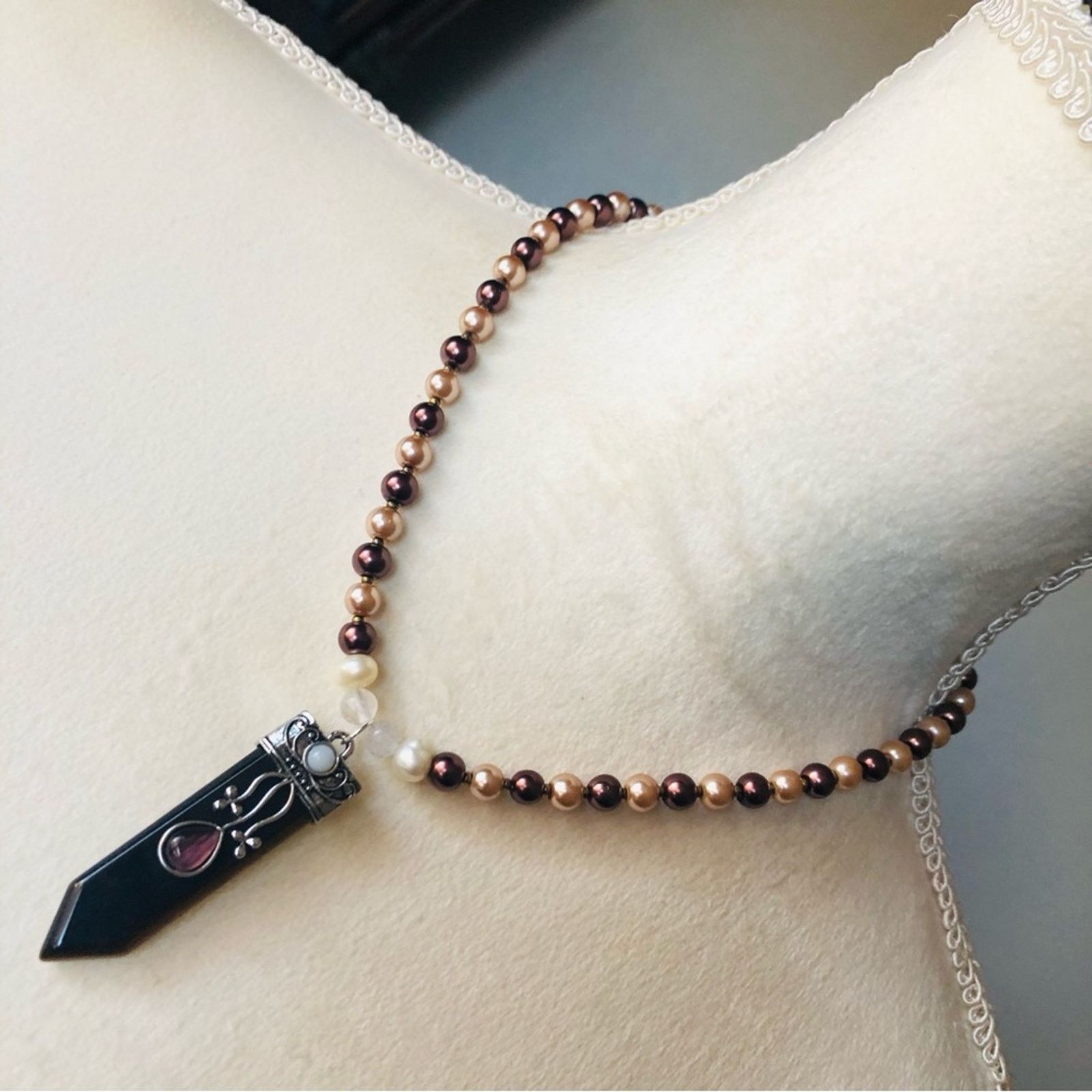Handmade Handcrafted repurpose Tiger eye stone Pearl necklace Size ONE SIZE - 1 Thumbnail