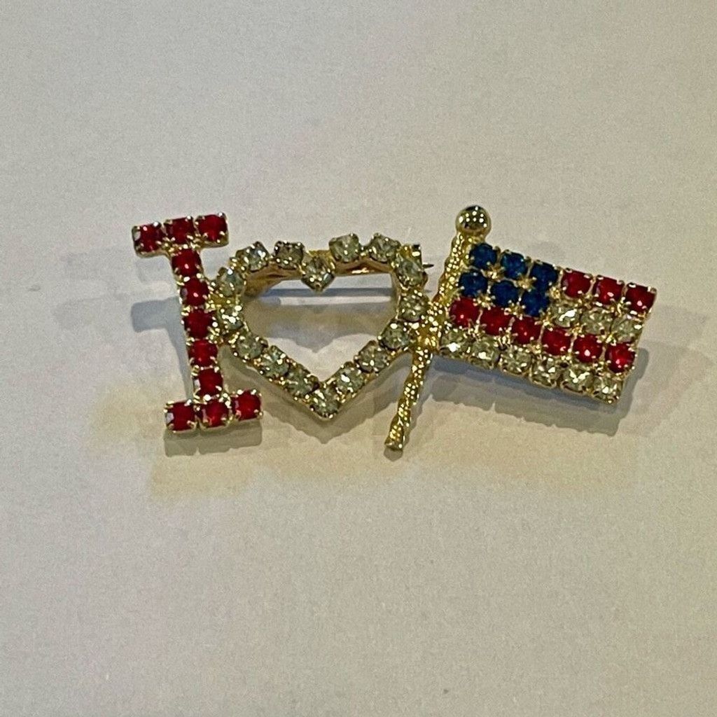 Other Vintage Patriotic Crystal Brooch I Love USA Rhinestone Pin Size ONE SIZE - 1 Thumbnail
