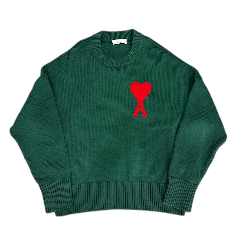 AMI Dark Green Knit Sweater with Red Heart Size US L / EU 52-54 / 3 - 1 Thumbnail