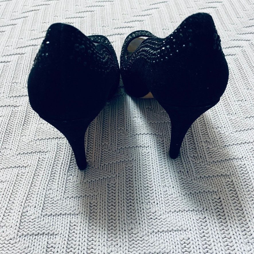 White House Black Market WHBM black suede rhinestone peep toe heels Size US 6.5 / IT 36.5 - 5 Thumbnail
