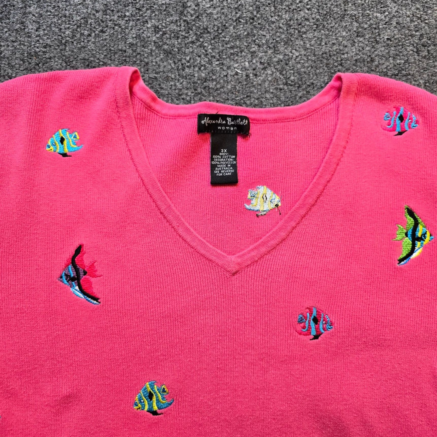 Vintage Alexandra Bartlett Top Womens 3X Pink Fish Embroidered Knit Beach Casual Shirt Blouse Womens Size XXL / US 16-18 / IT 52-54 - 2 Thumbnail
