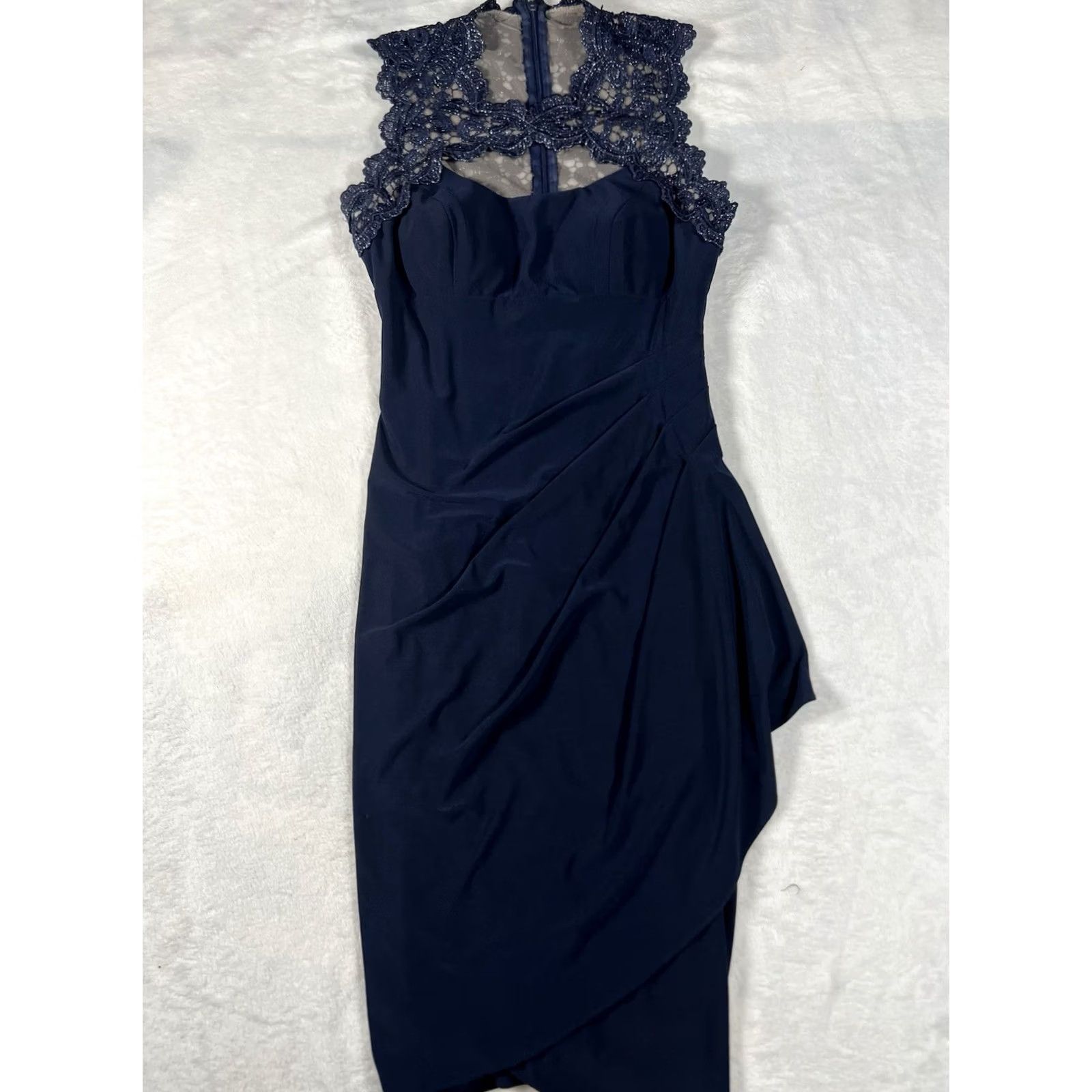 Vintage Cache' Navy Blue Net & Lace Key Hole Midi Dress - Sleeveless Ruched Waist Formal 2 NWT 14575 Size XS / US 0-2 / IT 36-38 - 6 Thumbnail