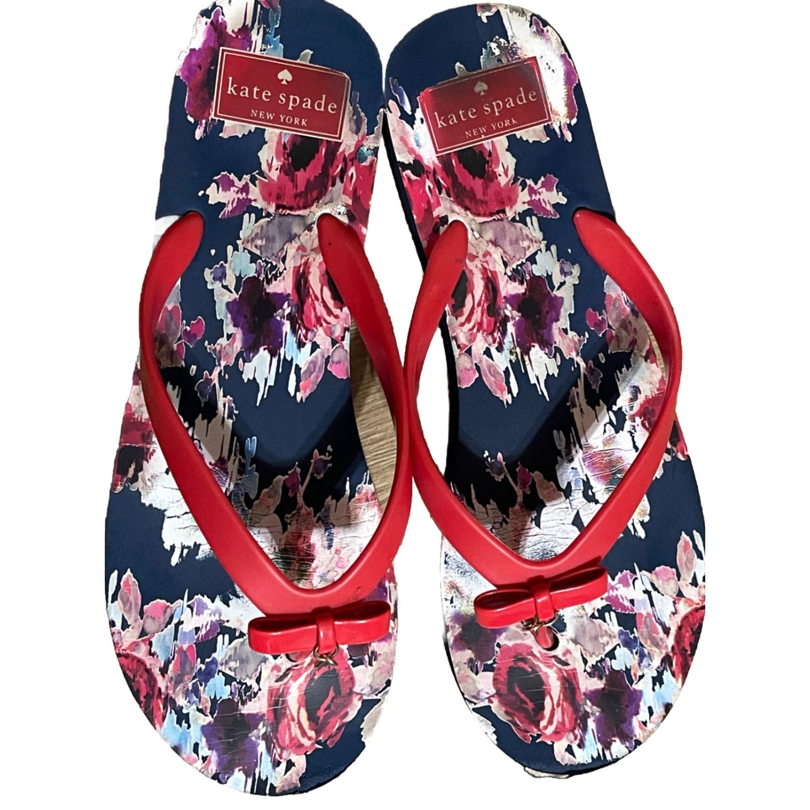 Vintage kate spade new york Nova Floral Print Flip Flops Navy Red Thongs Size 9 US Sandal Women Flat Shoes Size US 9 / IT 39 - 2 Thumbnail