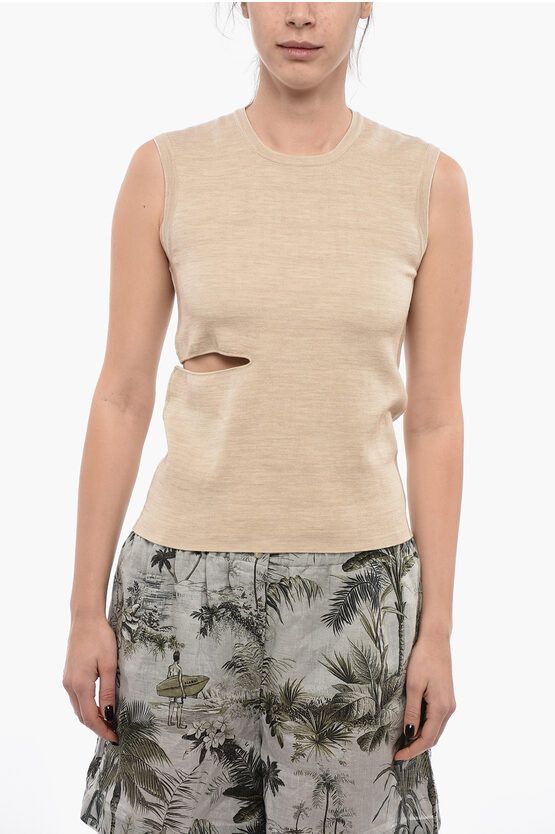 image of Fendi Crew Neck Wool Top With Cut-Out Detail in Beige, Women's (Size Medium)