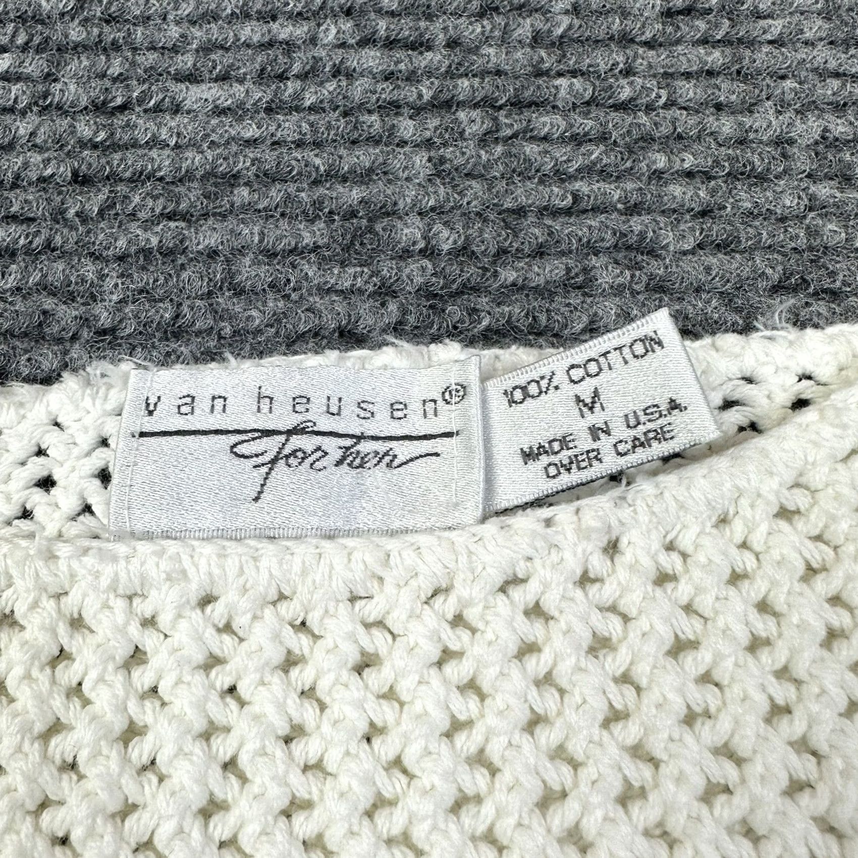 Van Heusen VINTAGE Van Heusen Sweater Shirt Womens M White 90s Open Knit Pullover 100% Cotton Knit Wool/Stretch Size M / US 6-8 / IT 42-44 - 2 Thumbnail