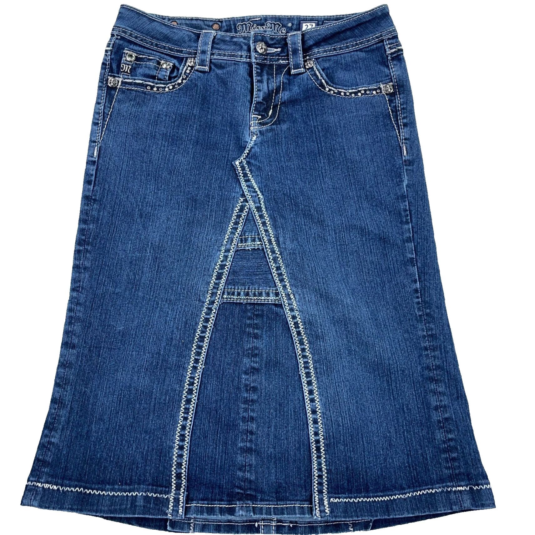 Miss Me Miss Me Denim Skirt Women Size 27 A-Line Midi Blue Casual Flap Pockets Size 27" / US 4 / IT 40 - 2 Thumbnail