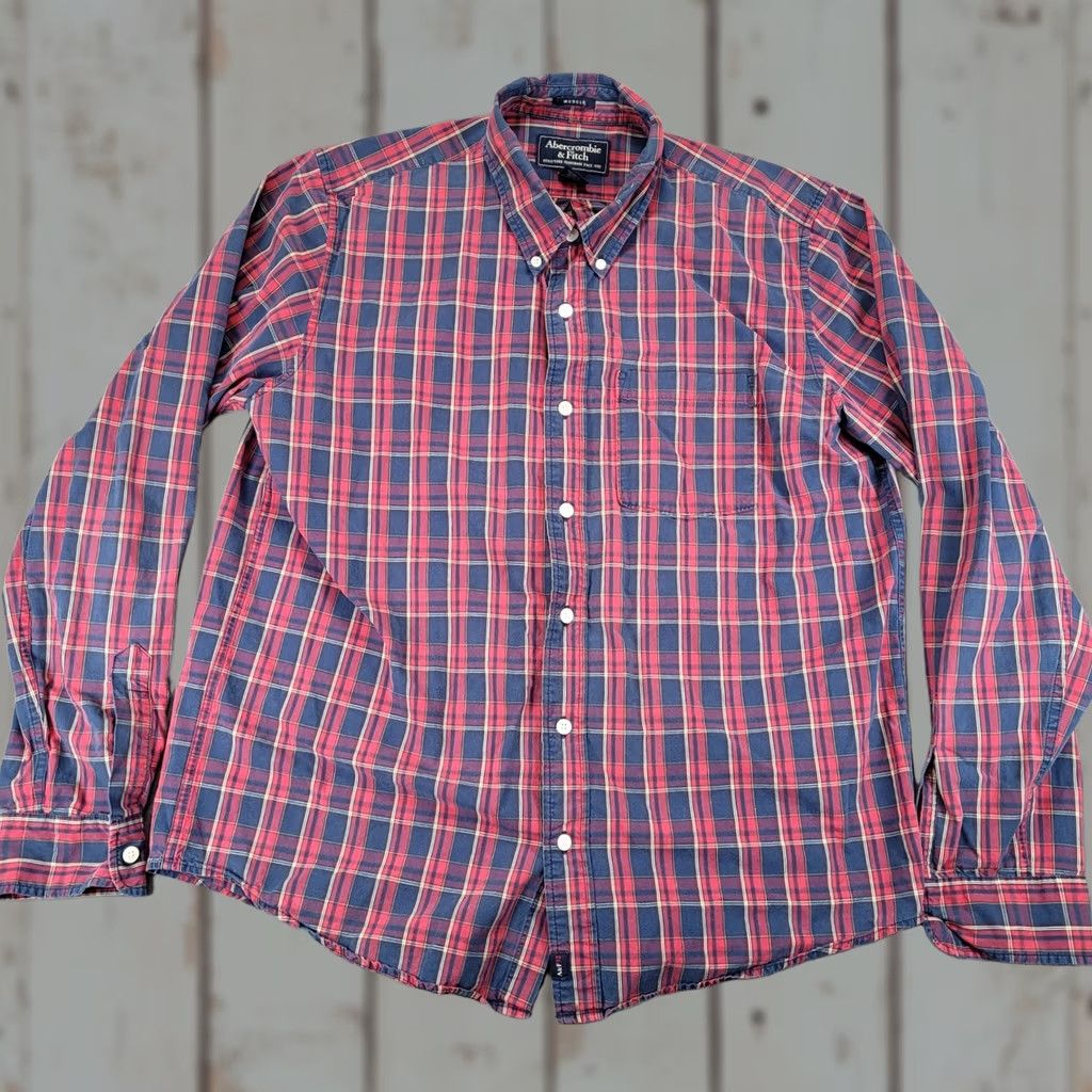 Abercrombie & Fitch Abercrombie & Fitch Lg Muscle Fit Plaid Button Down Shirt Red Navy Blue Mens Size US L / EU 52-54 / 3 - 1 Thumbnail