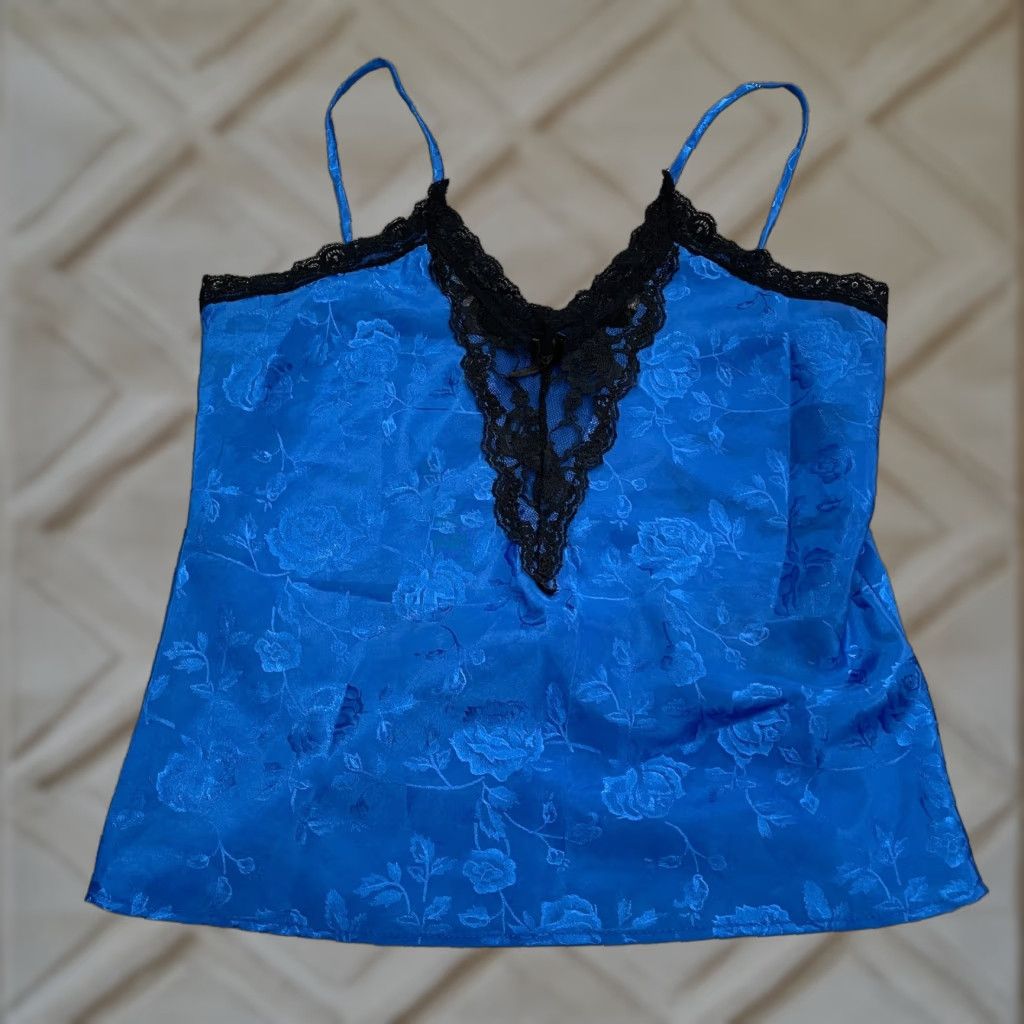 Vintage California Dream Tank Top Womens M Blue Floral 90s Vintage Lace Spaghetti Strappy Sleeveless Camisole Shirt Clothing Size M / US 6-8 / IT 42-44 - 1 Thumbnail